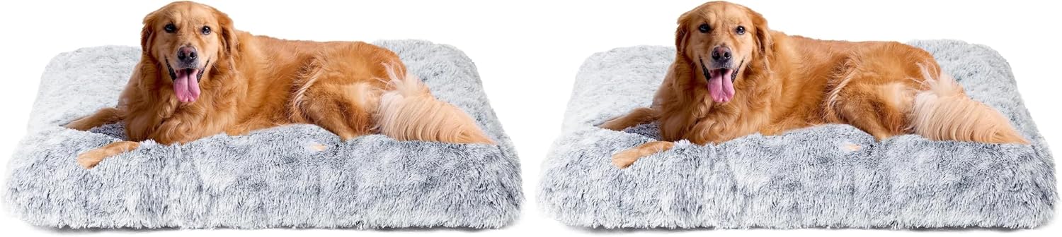 Fluffy Dog Crate Bed for Extra Large Dogs, Plush Faux Fur Pad, Calming Anti Anxiety XL Bed for Crate, Washable Soft Warm Dog Mat with Non-Slip Bottom, Grey
