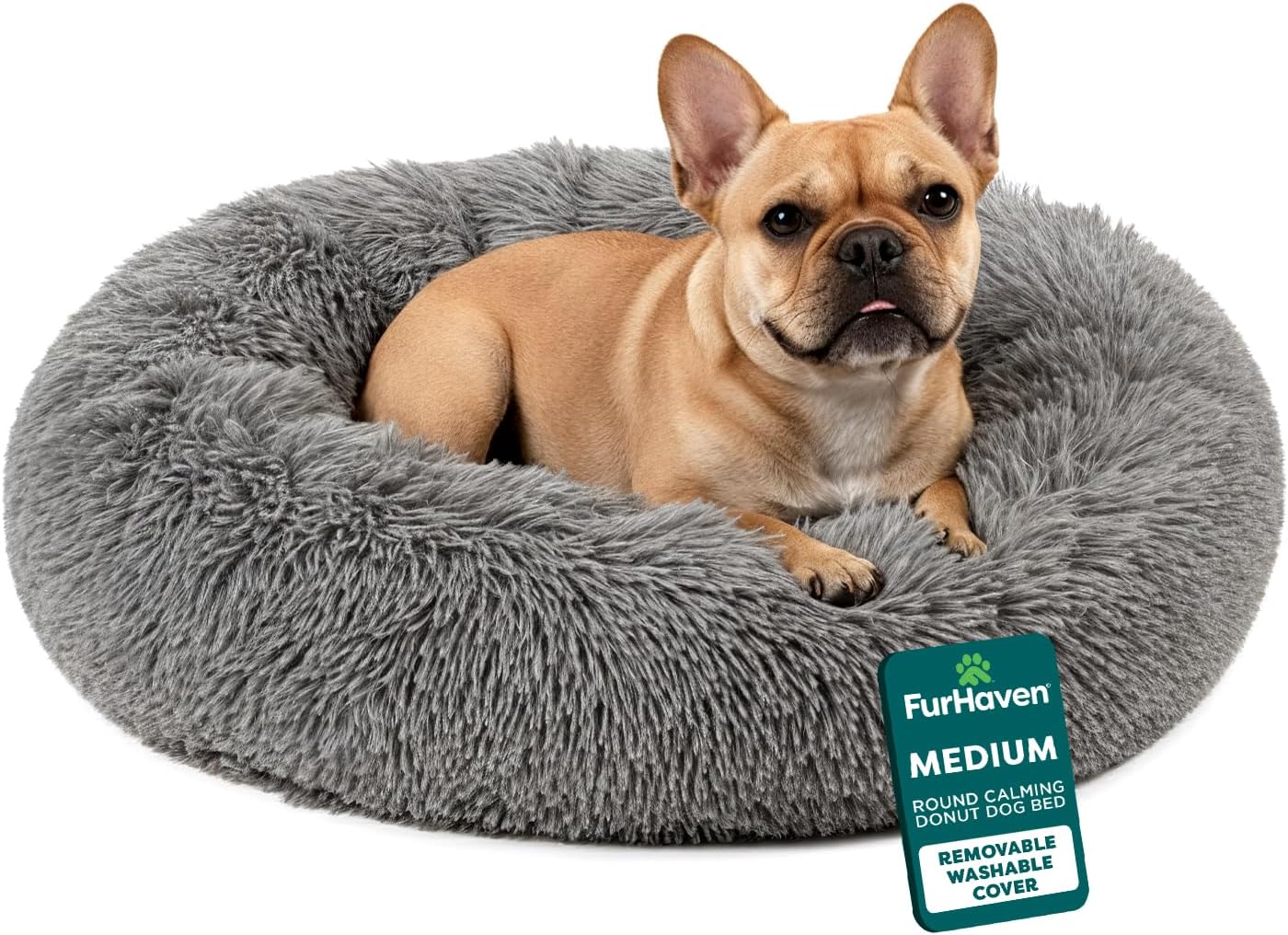 30" Round Calming Donut Dog Bed for Medium/Small Dogs, Refillable w/ Removable Washable Cover, For Dogs Up to 45 lbs - Shaggy Plush Long Faux Fur Donut Bed - Taupe, Medium