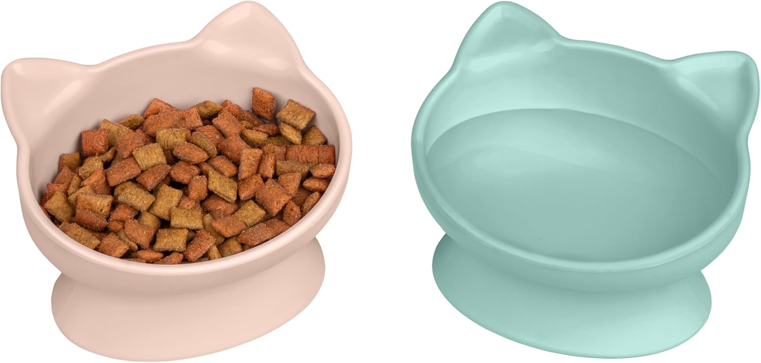 Elevated Cat Bowls (Set of 2), Whisker-Friendly Raised Cat Food & Water Dishes, Modern Pedestal Design, Dishwasher Safe, 6.5 oz Each – White & Gray