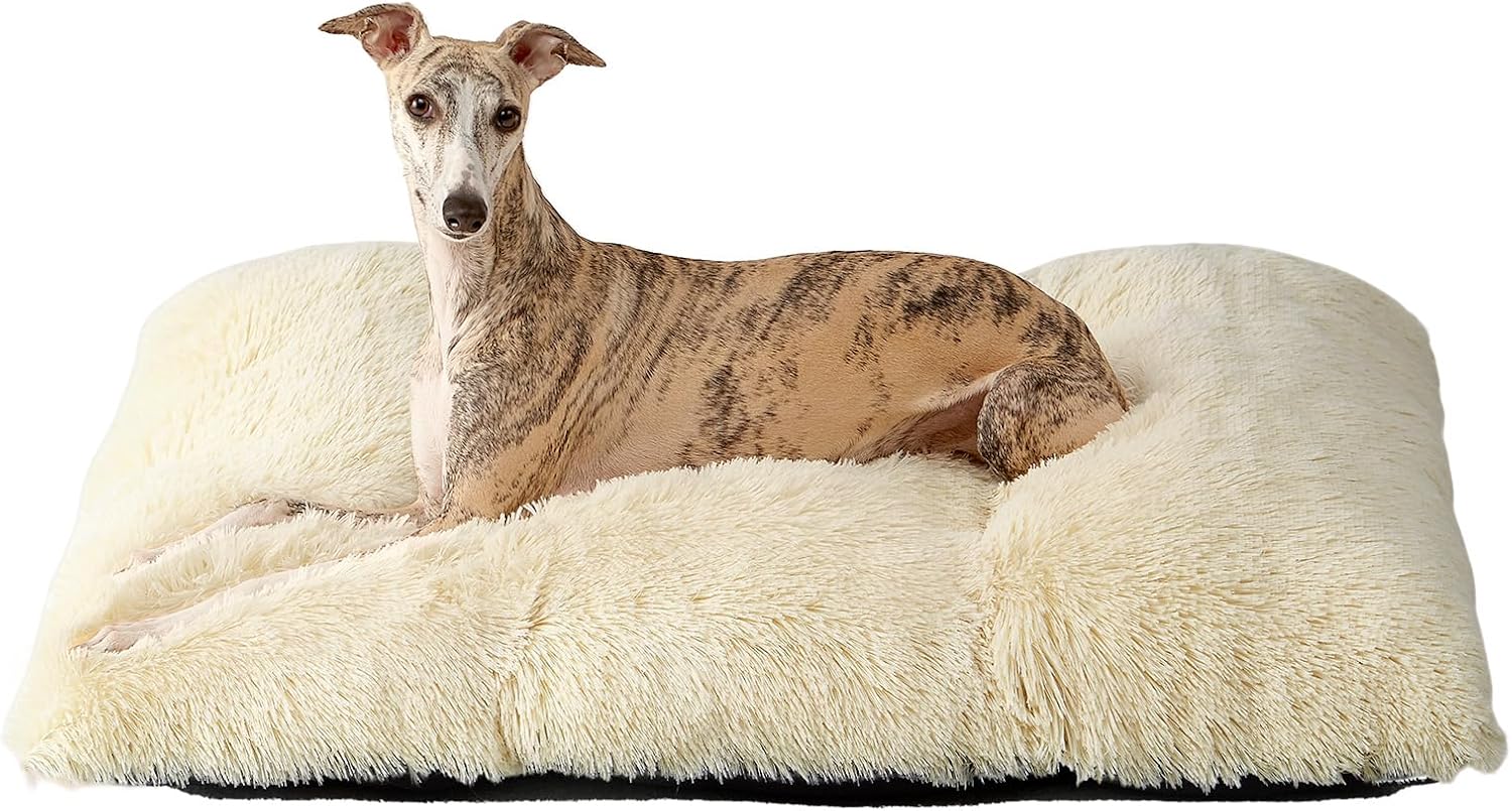 Fluffy Dog Crate Bed for Extra Large Dogs, Plush Faux Fur Pad, Calming Anti Anxiety XL Bed for Crate, Washable Soft Warm Dog Mat with Non-Slip Bottom, Grey