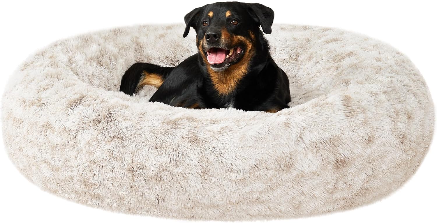 30" Round Calming Donut Dog Bed for Medium/Small Dogs, Refillable w/ Removable Washable Cover, For Dogs Up to 45 lbs - Shaggy Plush Long Faux Fur Donut Bed - Taupe, Medium