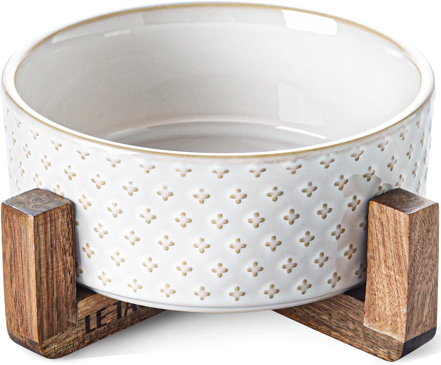 Dog Bowl Set with Acacia Wood Stand - 1.5-Cup Ceramic Puppy Bowls for Small Dogs, Dual Food and Water Bowls with Weighted Non-Slip Base