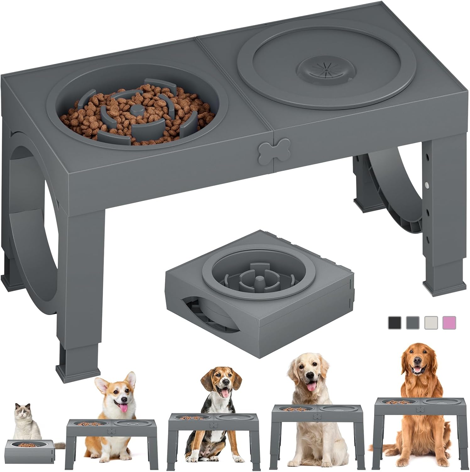 Elevated Dog Bowls Large Breed Raised Dogs Bowl Stand Large/Medium Sized Dog Stainless Steel Food Water Bowl Stands 5 Heights Adjustable 9/11/12/14in Black Pet Feeder Dish Station
