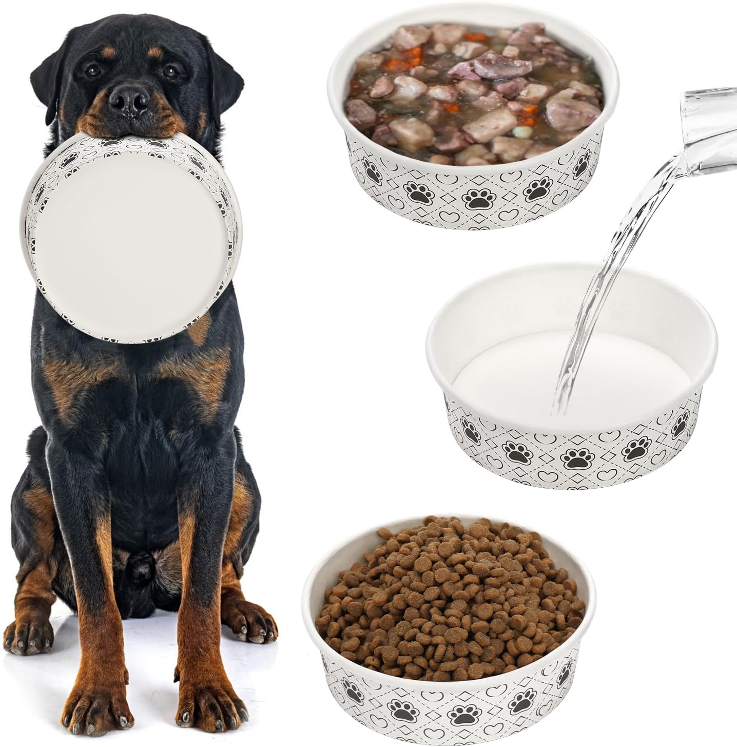40Pcs Disposable Pets Bowls, 16 oz Paper Dog Food Bowl, Cute Foot Print Design Travel Cat Feeding Bowl for Small Dog Puppy Dry and Wet Food or Water
