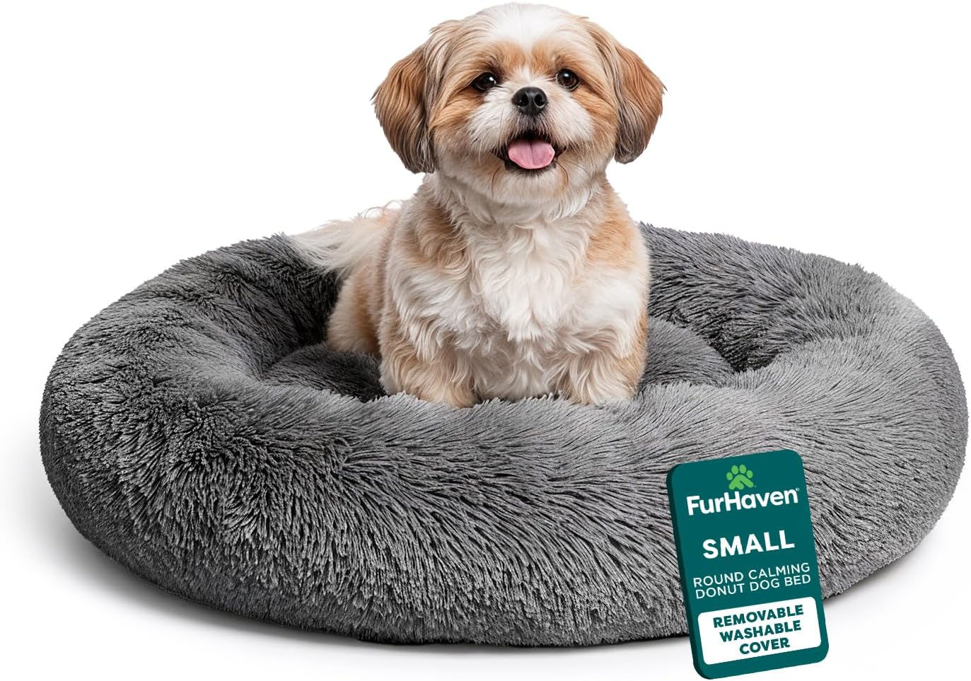 30" Round Calming Donut Dog Bed for Medium/Small Dogs, Refillable w/ Removable Washable Cover, For Dogs Up to 45 lbs - Shaggy Plush Long Faux Fur Donut Bed - Taupe, Medium
