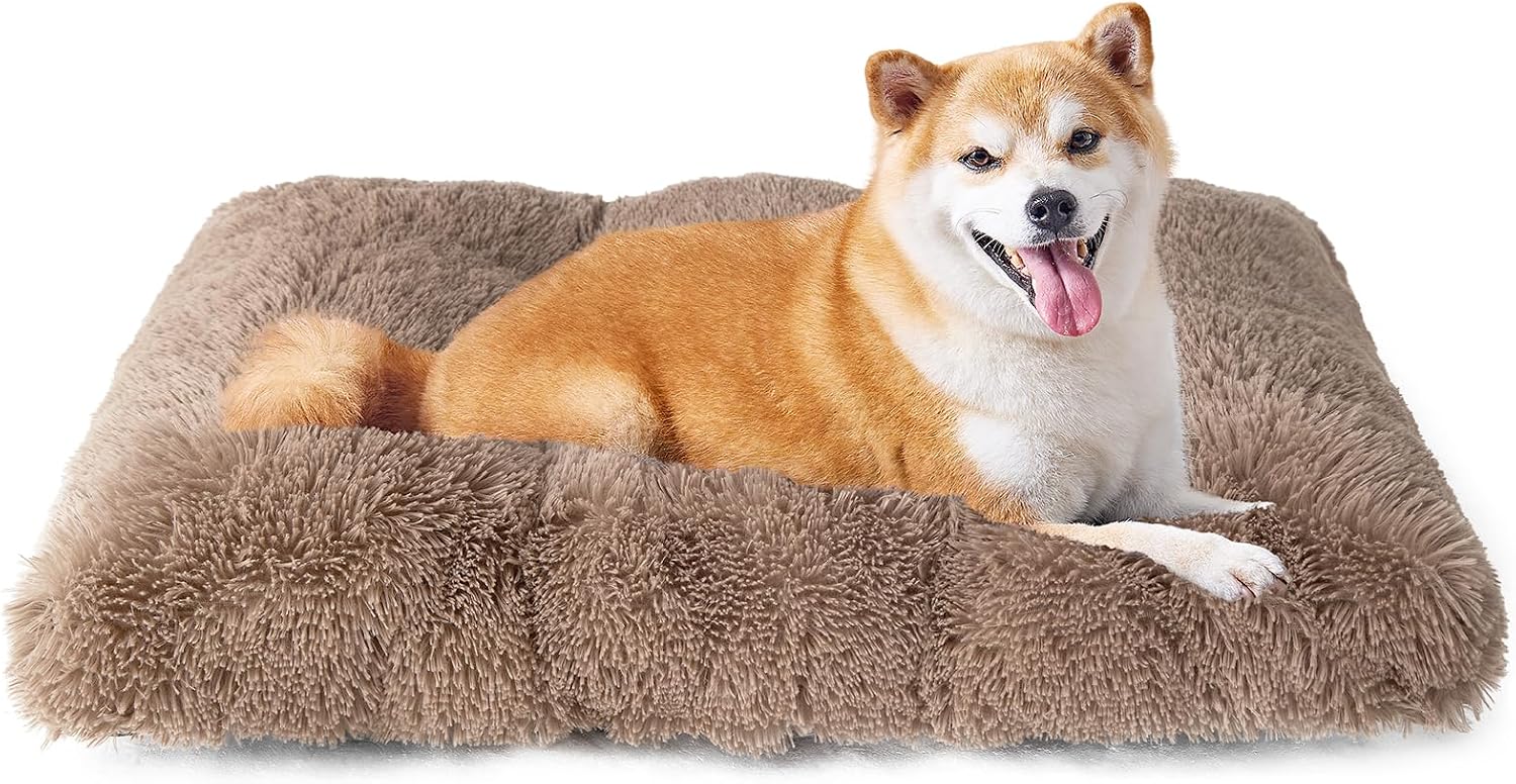 Fluffy Dog Crate Bed for Extra Large Dogs, Plush Faux Fur Pad, Calming Anti Anxiety XL Bed for Crate, Washable Soft Warm Dog Mat with Non-Slip Bottom, Grey