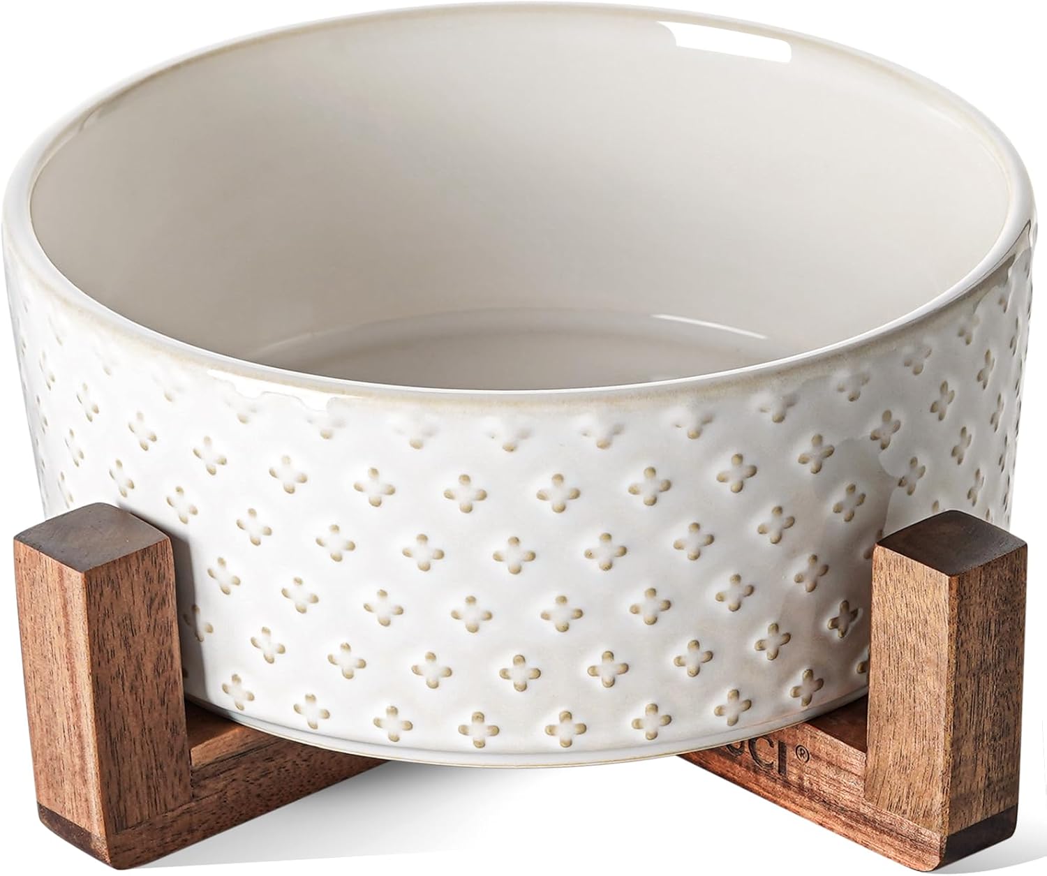 Dog Bowl Set with Acacia Wood Stand - 1.5-Cup Ceramic Puppy Bowls for Small Dogs, Dual Food and Water Bowls with Weighted Non-Slip Base