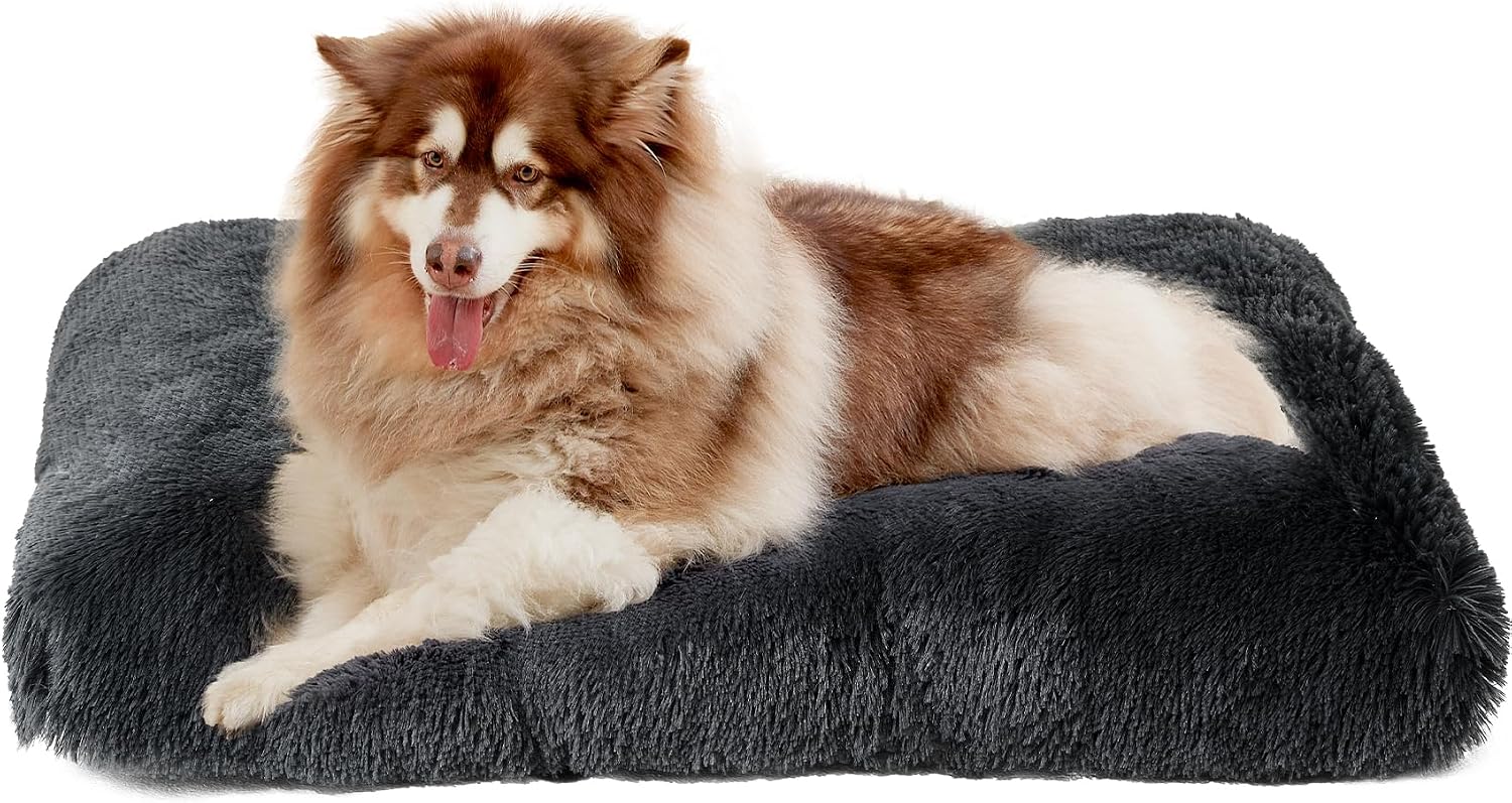 Fluffy Dog Crate Bed for Extra Large Dogs, Plush Faux Fur Pad, Calming Anti Anxiety XL Bed for Crate, Washable Soft Warm Dog Mat with Non-Slip Bottom, Grey