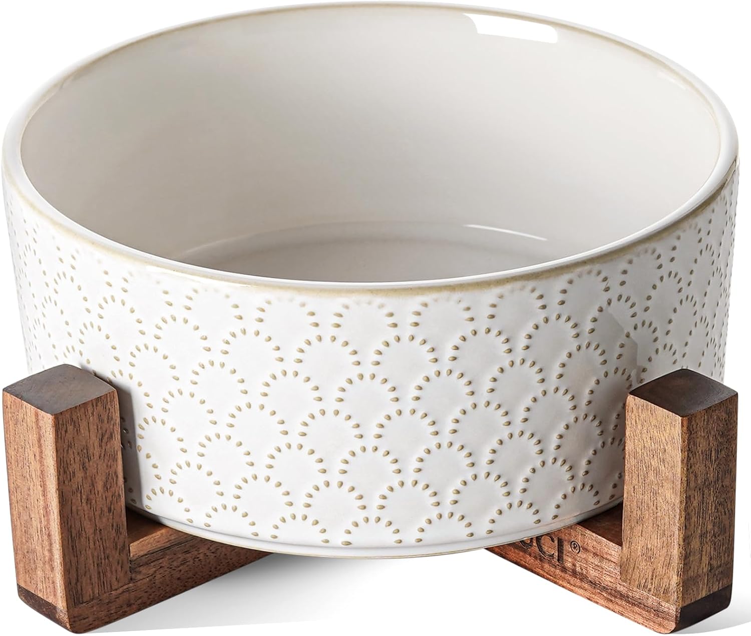 Dog Bowl Set with Acacia Wood Stand - 1.5-Cup Ceramic Puppy Bowls for Small Dogs, Dual Food and Water Bowls with Weighted Non-Slip Base