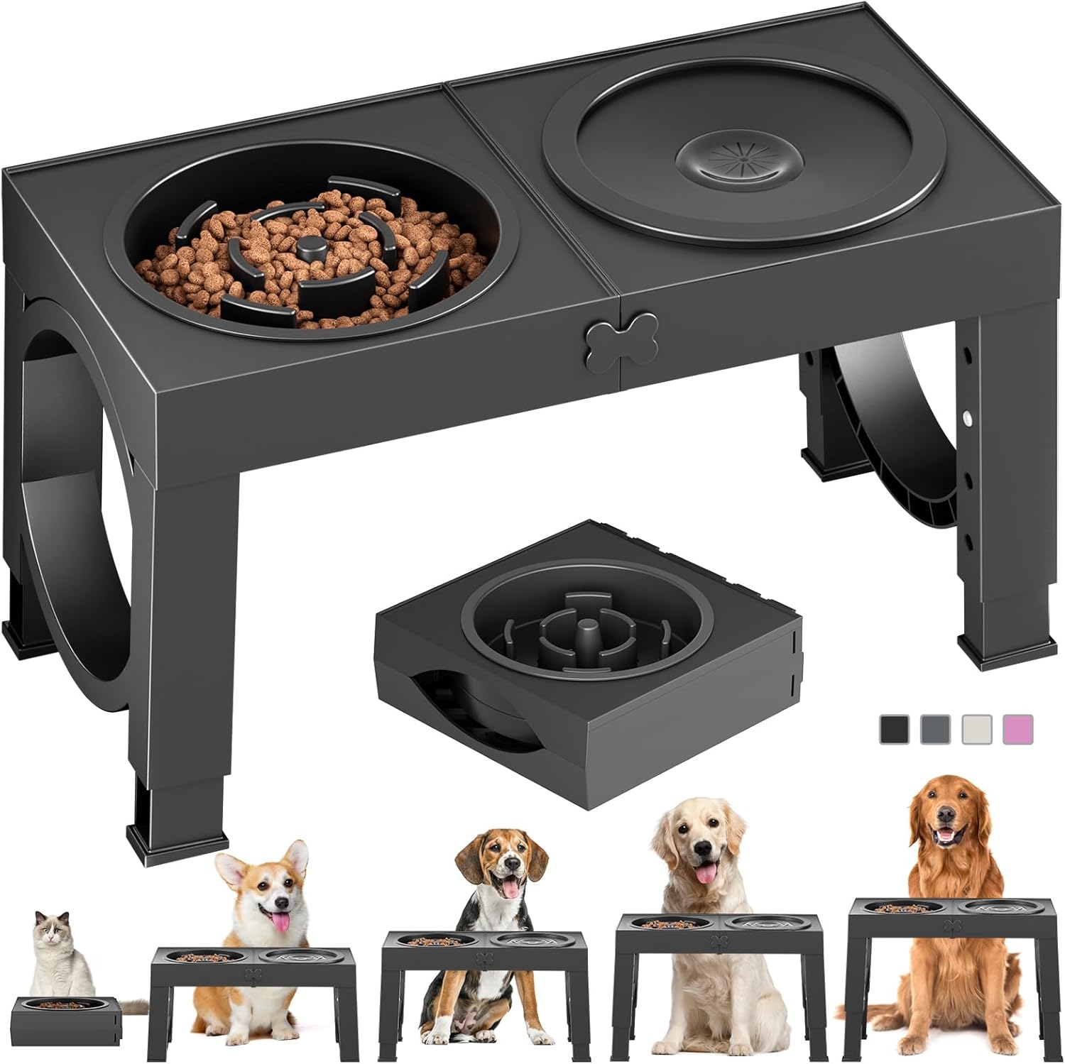 Elevated Dog Bowls Large Breed Raised Dogs Bowl Stand Large/Medium Sized Dog Stainless Steel Food Water Bowl Stands 5 Heights Adjustable 9/11/12/14in Black Pet Feeder Dish Station