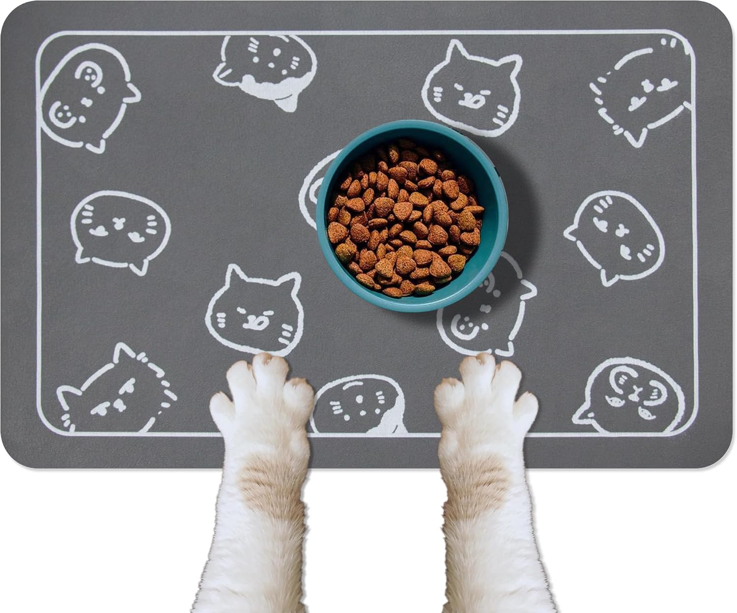 Cat Food Mat for Pet Dog Feeting Mats, Cat Mat for Food and Water, Non-Slip Super Absorbent, with Multiple cat Heads Logo .18.1 x 11.8 inches, Dark Grey