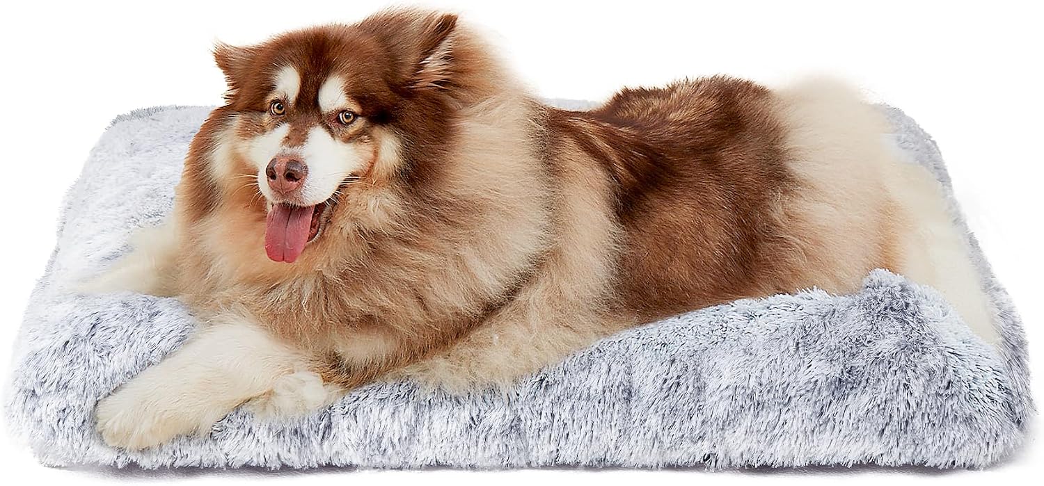Fluffy Dog Crate Bed for Extra Large Dogs, Plush Faux Fur Pad, Calming Anti Anxiety XL Bed for Crate, Washable Soft Warm Dog Mat with Non-Slip Bottom, Grey