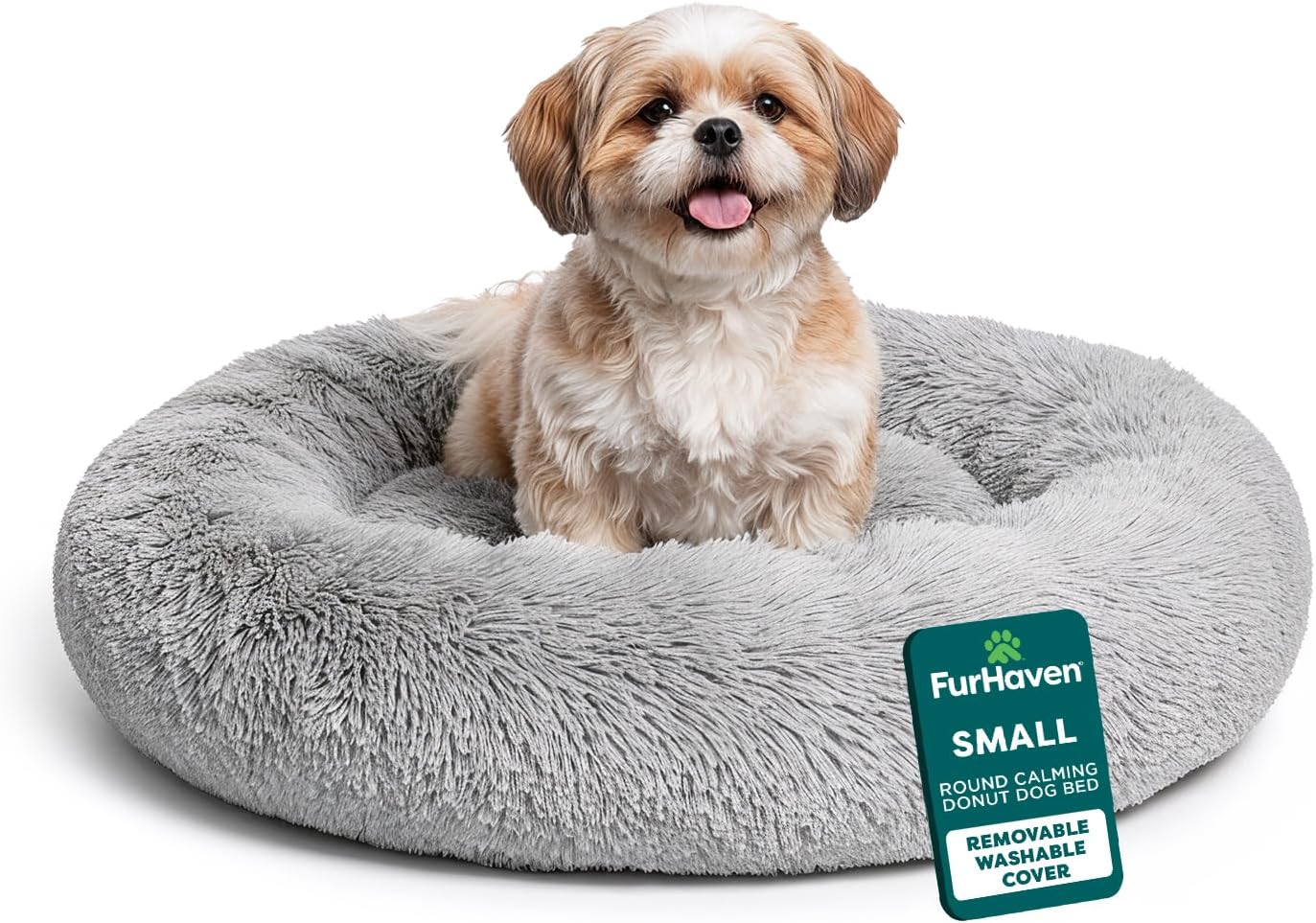 30" Round Calming Donut Dog Bed for Medium/Small Dogs, Refillable w/ Removable Washable Cover, For Dogs Up to 45 lbs - Shaggy Plush Long Faux Fur Donut Bed - Taupe, Medium
