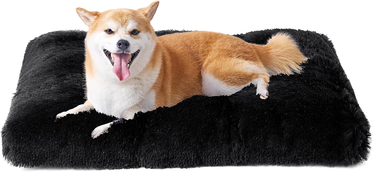 Fluffy Dog Crate Bed for Extra Large Dogs, Plush Faux Fur Pad, Calming Anti Anxiety XL Bed for Crate, Washable Soft Warm Dog Mat with Non-Slip Bottom, Grey