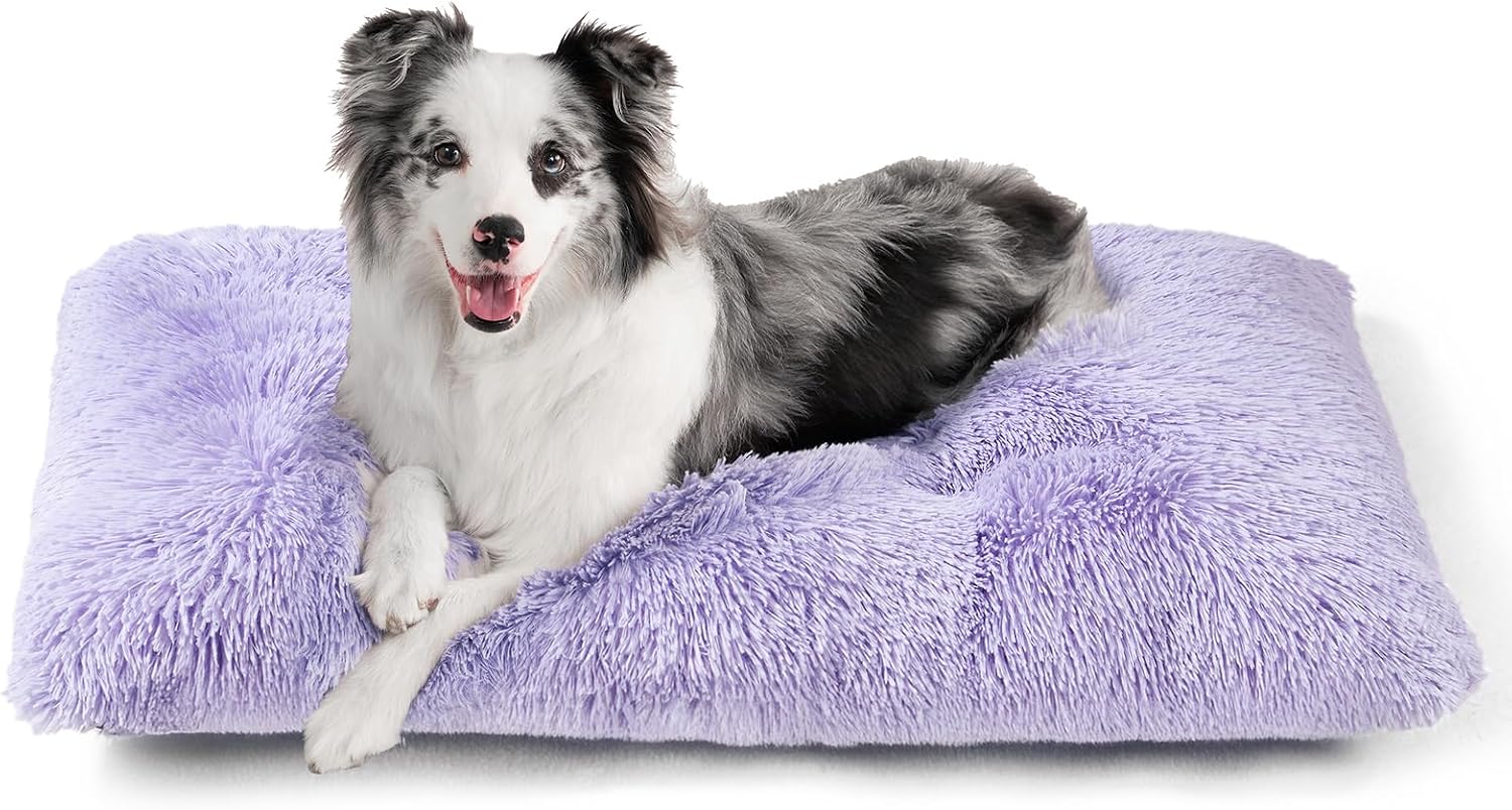 Fluffy Dog Crate Bed for Extra Large Dogs, Plush Faux Fur Pad, Calming Anti Anxiety XL Bed for Crate, Washable Soft Warm Dog Mat with Non-Slip Bottom, Grey