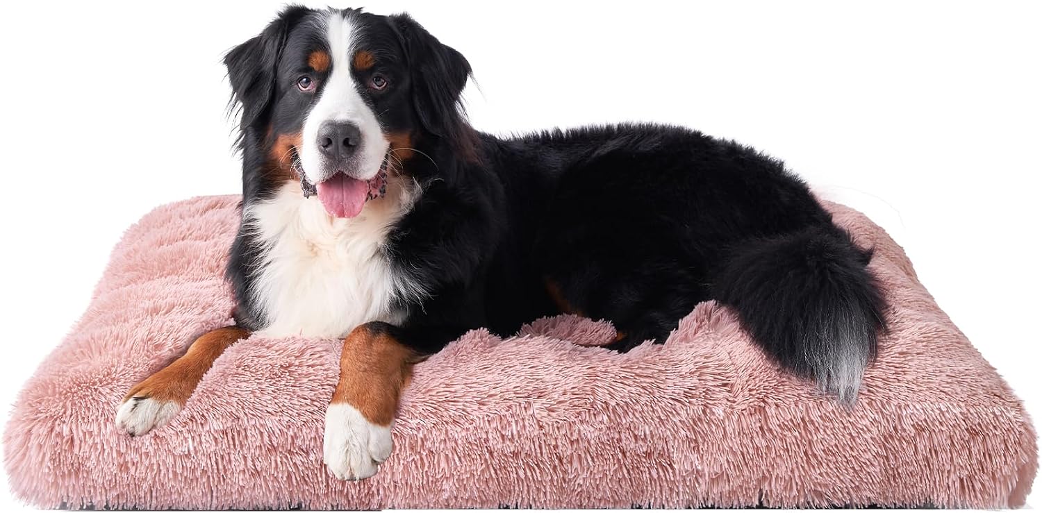 Fluffy Dog Crate Bed for Extra Large Dogs, Plush Faux Fur Pad, Calming Anti Anxiety XL Bed for Crate, Washable Soft Warm Dog Mat with Non-Slip Bottom, Grey
