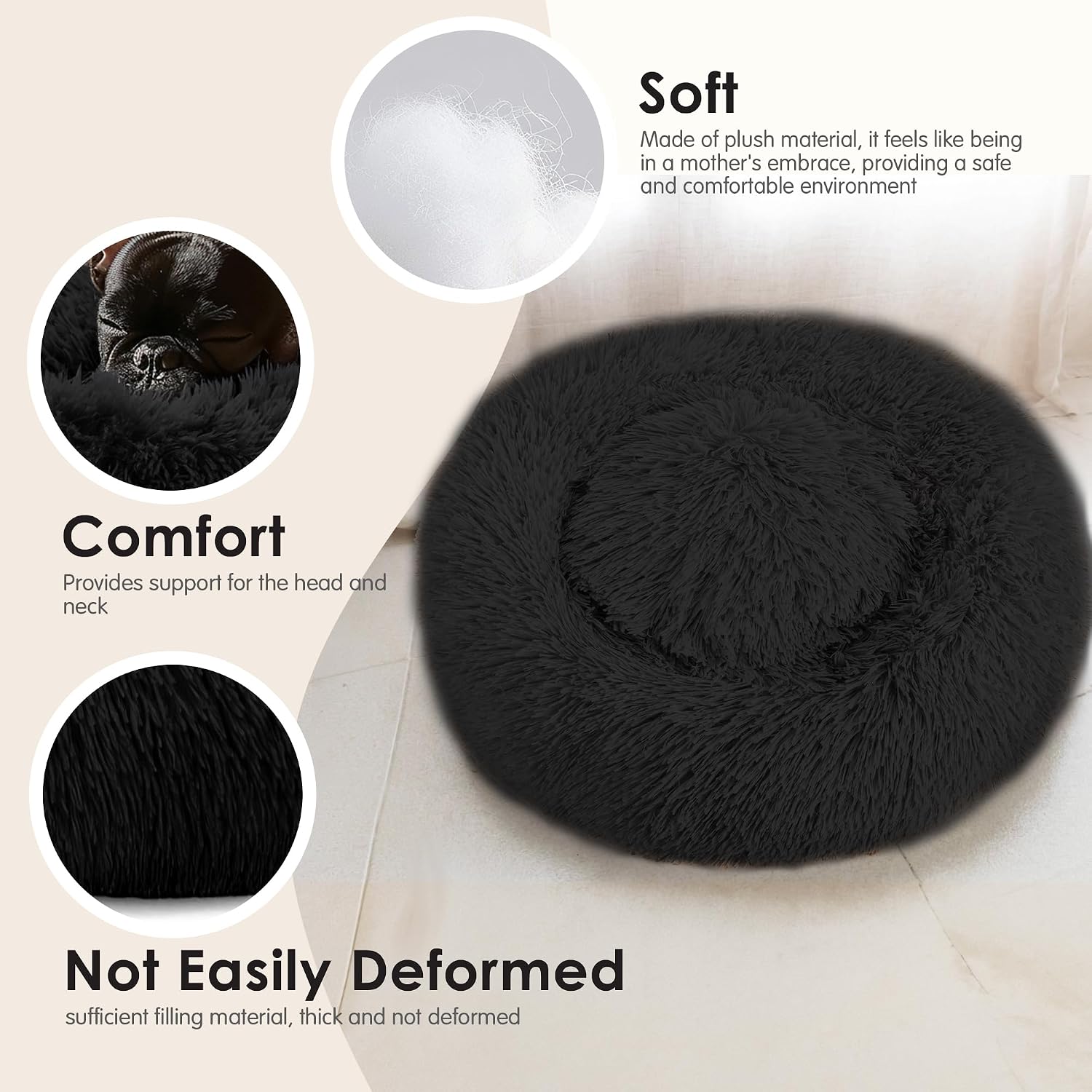 Dog & Cat Bed for Indoor Cats, 20in Calming Donut Bed for Puppy and Kitten, Washable Round Fluffy Pet Bed for Small Medium Dogs and Cats (Light Grey)