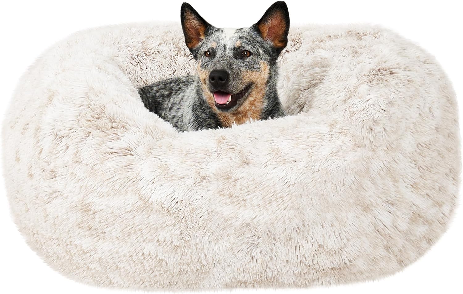 30" Round Calming Donut Dog Bed for Medium/Small Dogs, Refillable w/ Removable Washable Cover, For Dogs Up to 45 lbs - Shaggy Plush Long Faux Fur Donut Bed - Taupe, Medium