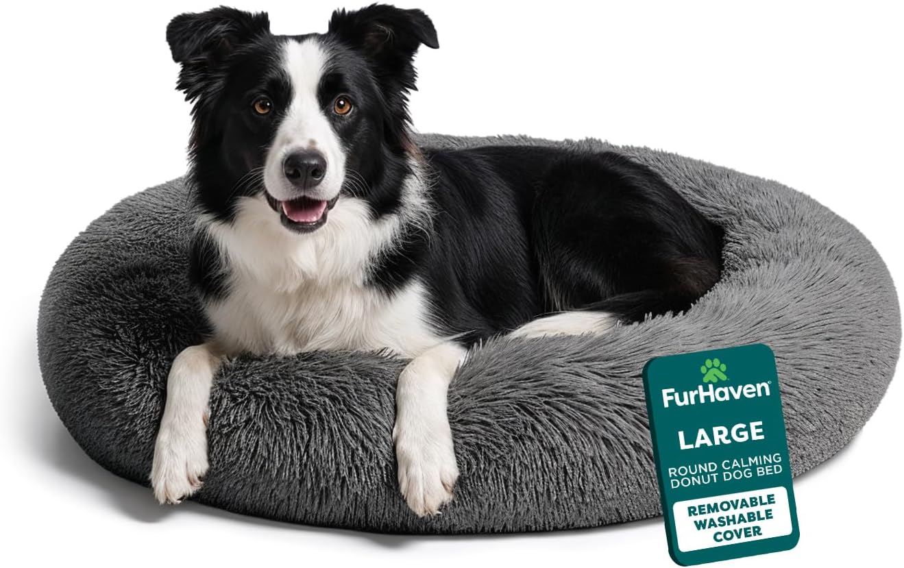 30" Round Calming Donut Dog Bed for Medium/Small Dogs, Refillable w/ Removable Washable Cover, For Dogs Up to 45 lbs - Shaggy Plush Long Faux Fur Donut Bed - Taupe, Medium