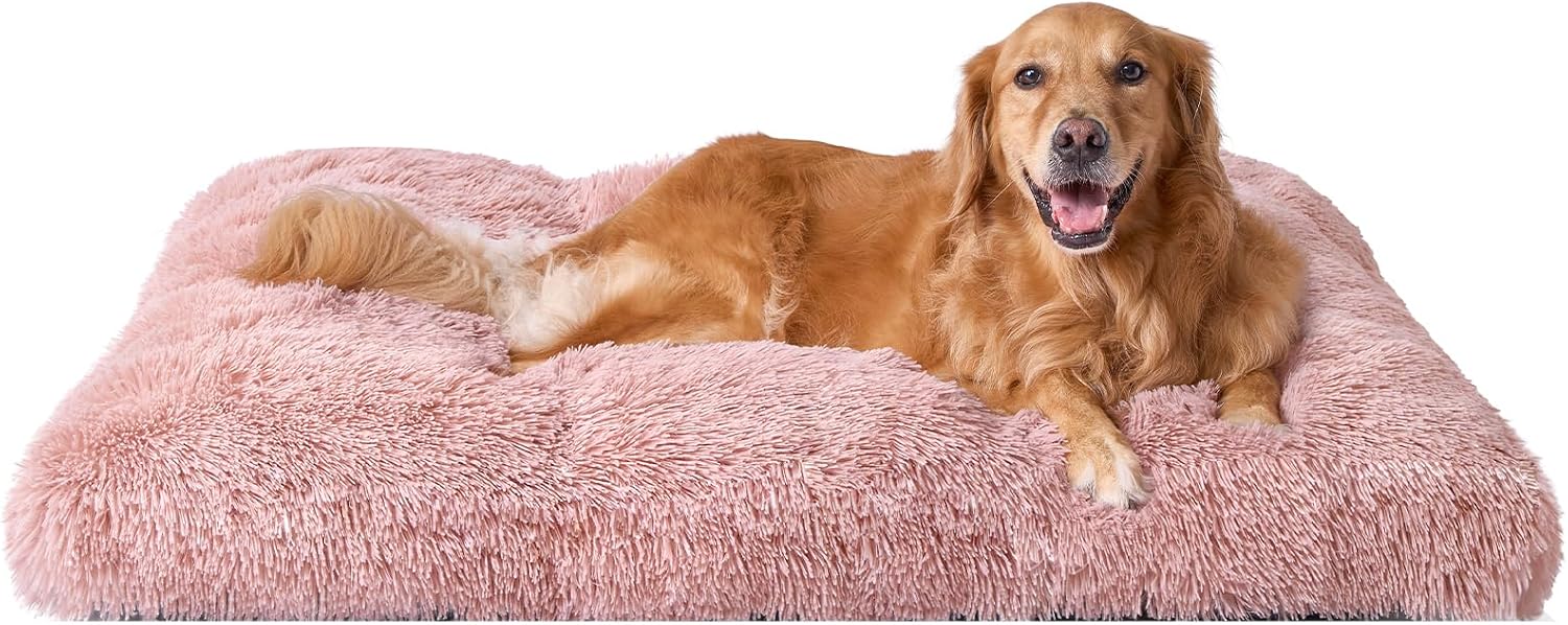 Fluffy Dog Crate Bed for Extra Large Dogs, Plush Faux Fur Pad, Calming Anti Anxiety XL Bed for Crate, Washable Soft Warm Dog Mat with Non-Slip Bottom, Grey