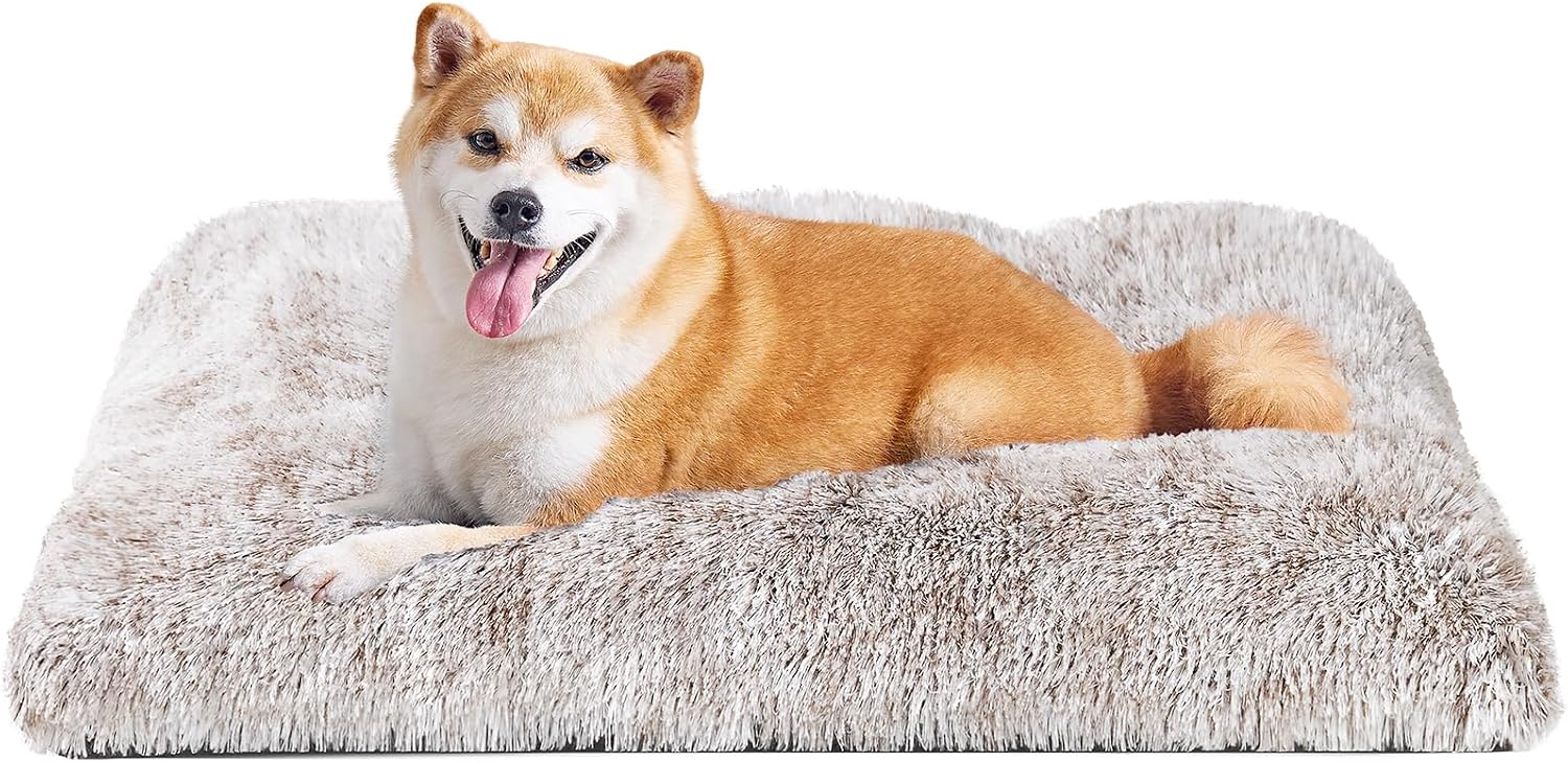 Fluffy Dog Crate Bed for Extra Large Dogs, Plush Faux Fur Pad, Calming Anti Anxiety XL Bed for Crate, Washable Soft Warm Dog Mat with Non-Slip Bottom, Grey