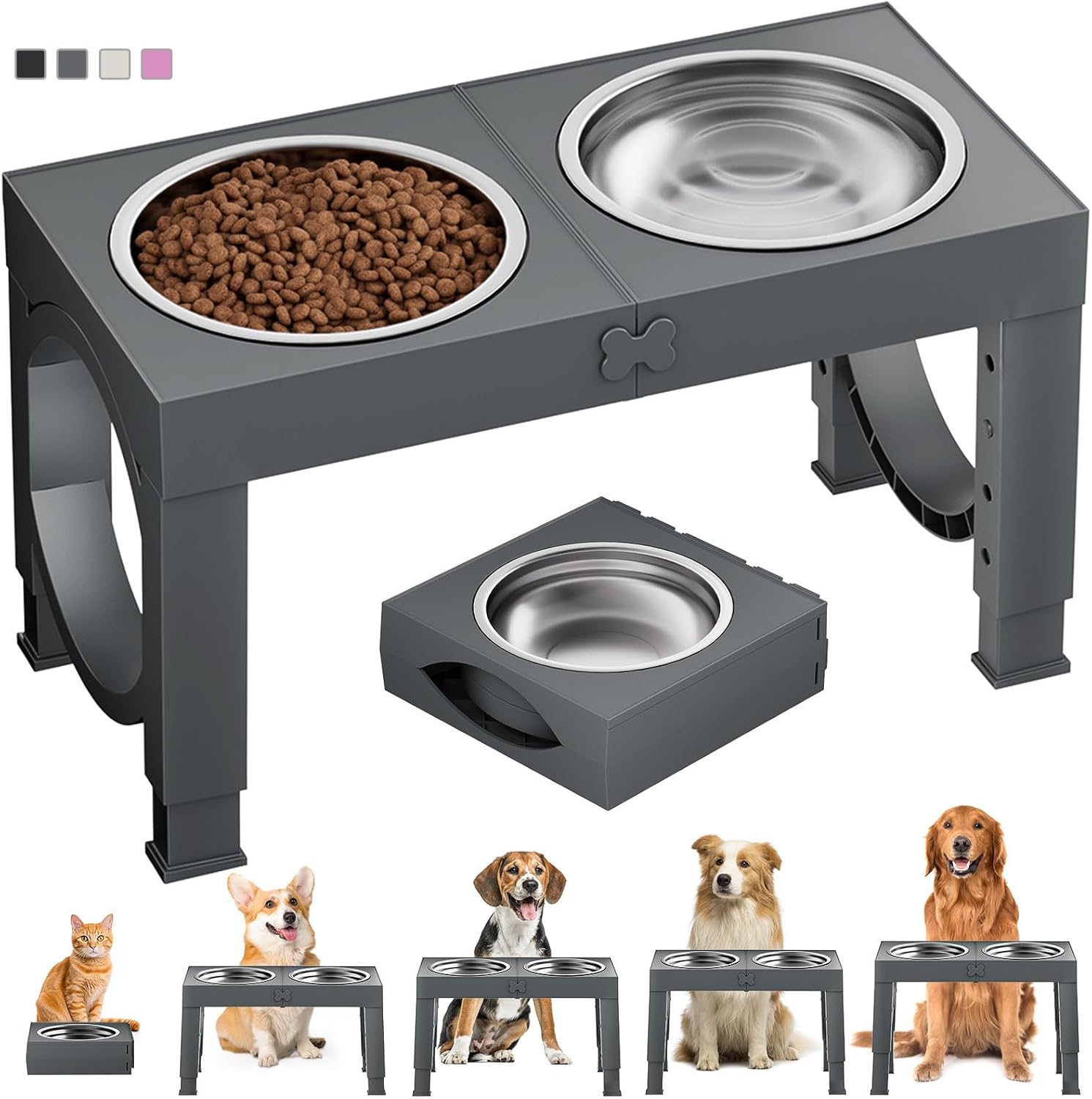 Elevated Dog Bowls Large Breed Raised Dogs Bowl Stand Large/Medium Sized Dog Stainless Steel Food Water Bowl Stands 5 Heights Adjustable 9/11/12/14in Black Pet Feeder Dish Station