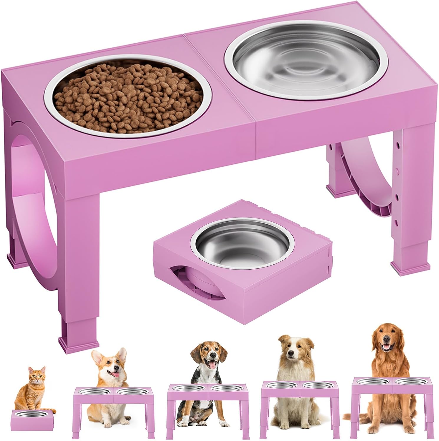 Elevated Dog Bowls Large Breed Raised Dogs Bowl Stand Large/Medium Sized Dog Stainless Steel Food Water Bowl Stands 5 Heights Adjustable 9/11/12/14in Black Pet Feeder Dish Station