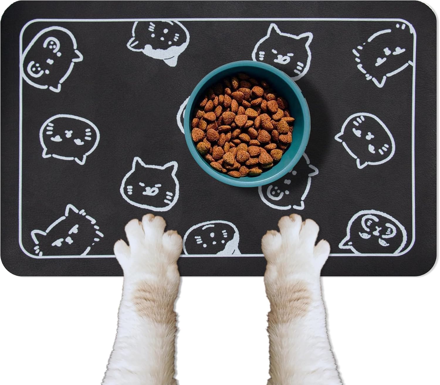 Cat Food Mat for Pet Dog Feeting Mats, Cat Mat for Food and Water, Non-Slip Super Absorbent, with Multiple cat Heads Logo .18.1 x 11.8 inches, Dark Grey