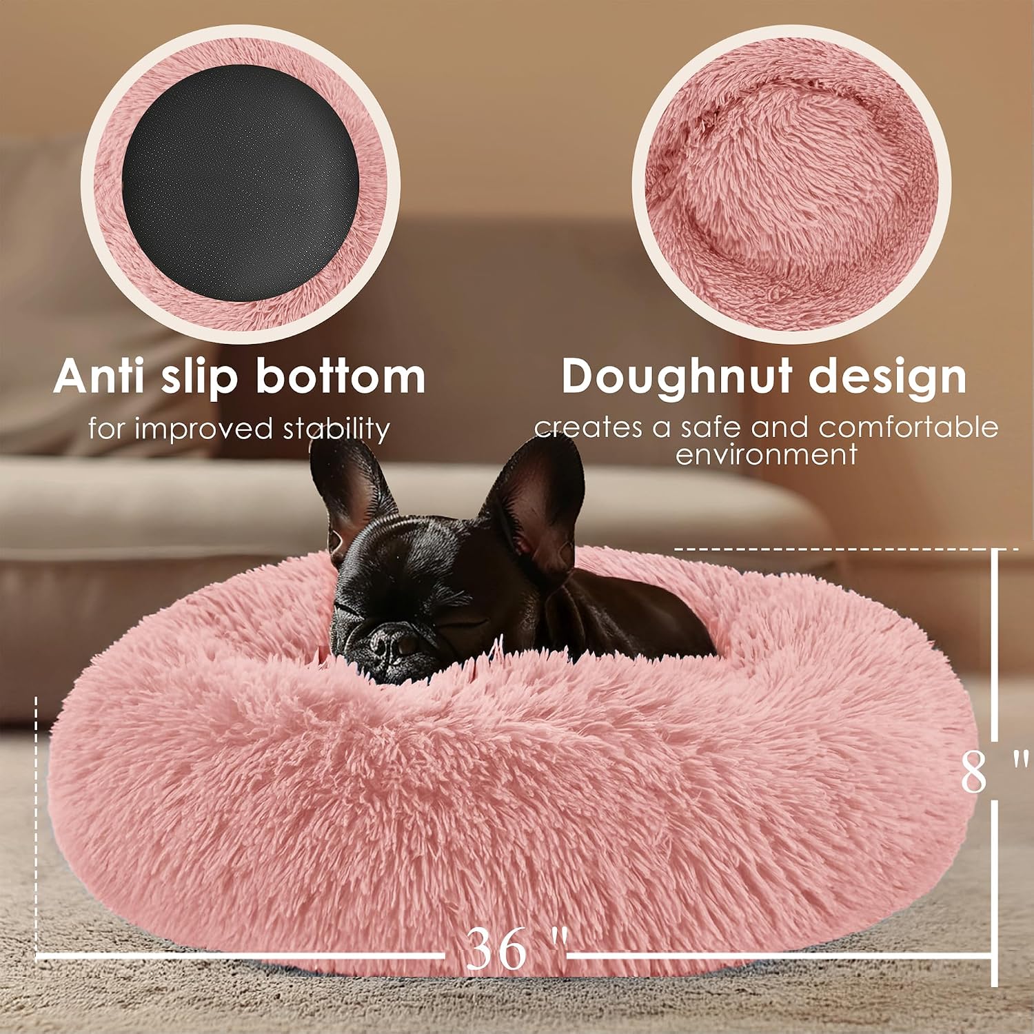Dog & Cat Bed for Indoor Cats, 20in Calming Donut Bed for Puppy and Kitten, Washable Round Fluffy Pet Bed for Small Medium Dogs and Cats (Light Grey)