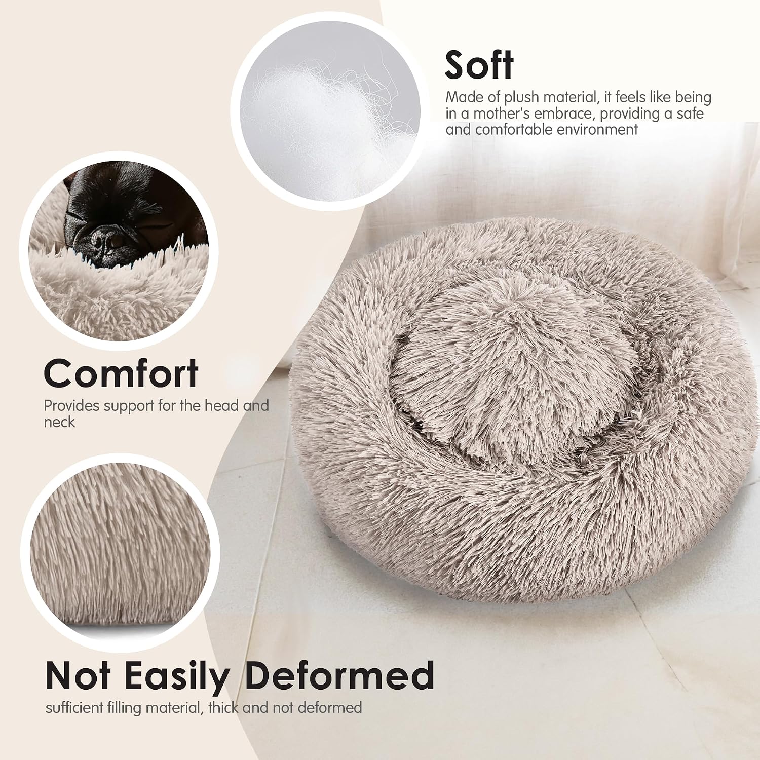 Dog & Cat Bed for Indoor Cats, 20in Calming Donut Bed for Puppy and Kitten, Washable Round Fluffy Pet Bed for Small Medium Dogs and Cats (Light Grey)