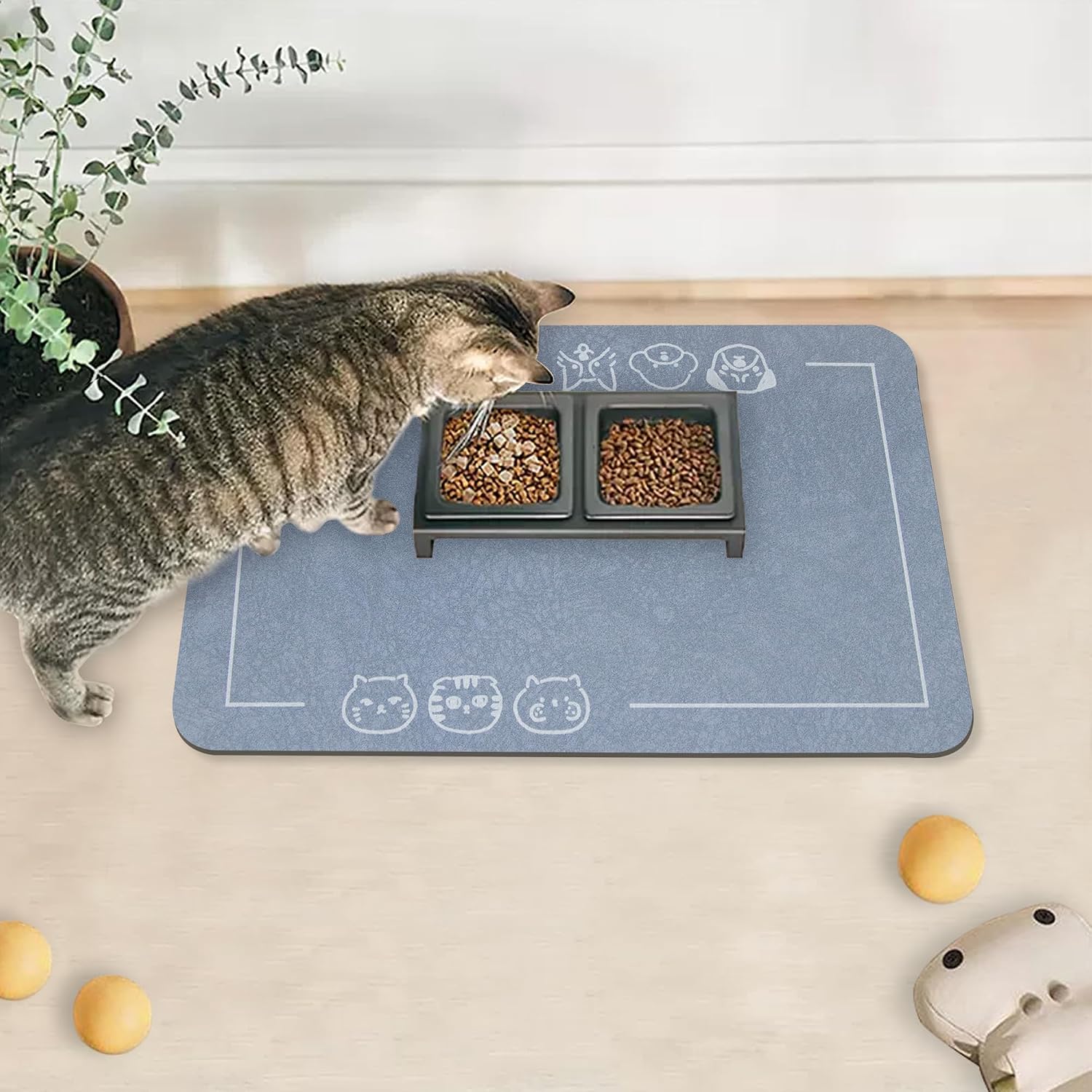 Cat Food Mat for Pet Dog Feeting Mats, Cat Mat for Food and Water, Non-Slip Super Absorbent, with Multiple cat Heads Logo .18.1 x 11.8 inches, Dark Grey