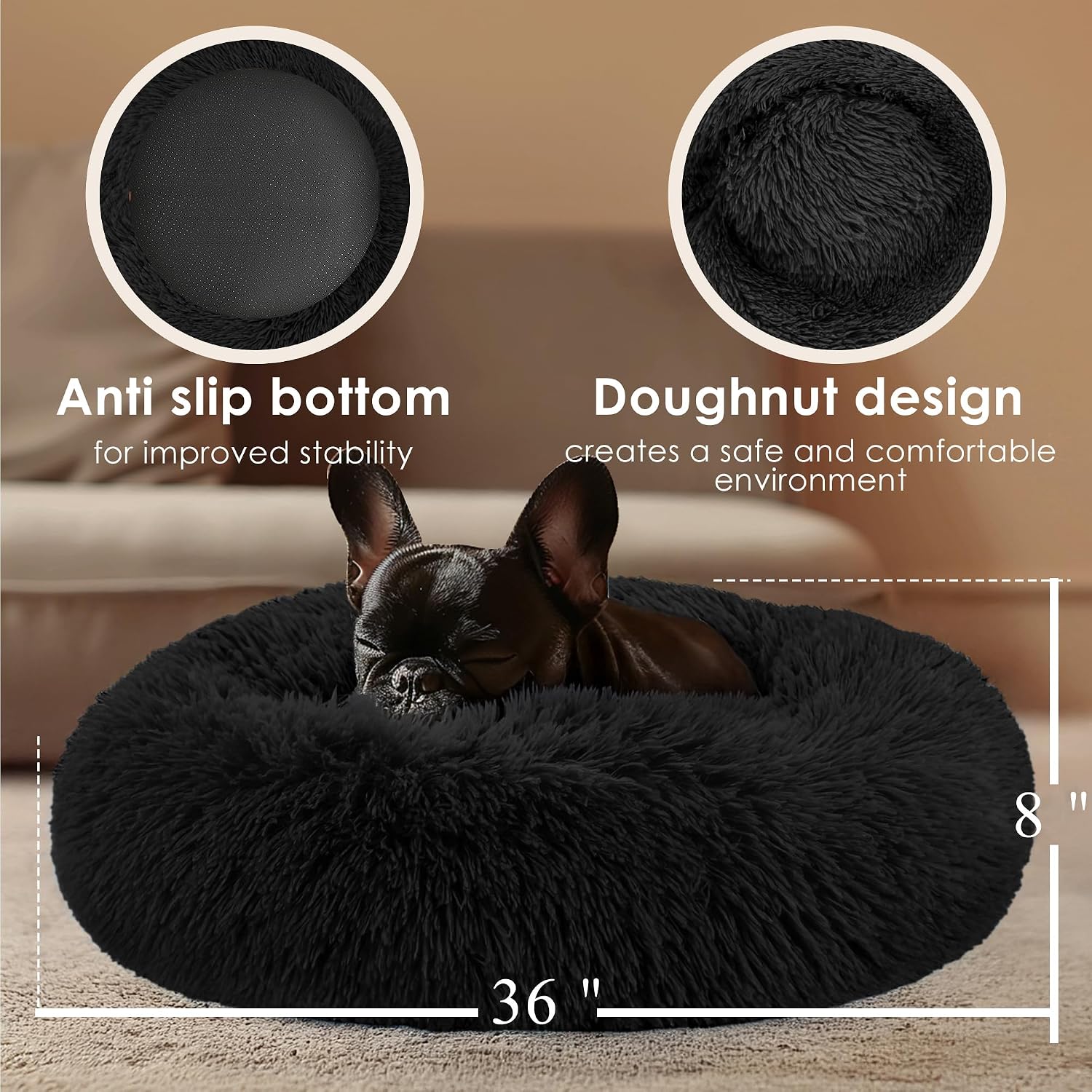 Dog & Cat Bed for Indoor Cats, 20in Calming Donut Bed for Puppy and Kitten, Washable Round Fluffy Pet Bed for Small Medium Dogs and Cats (Light Grey)