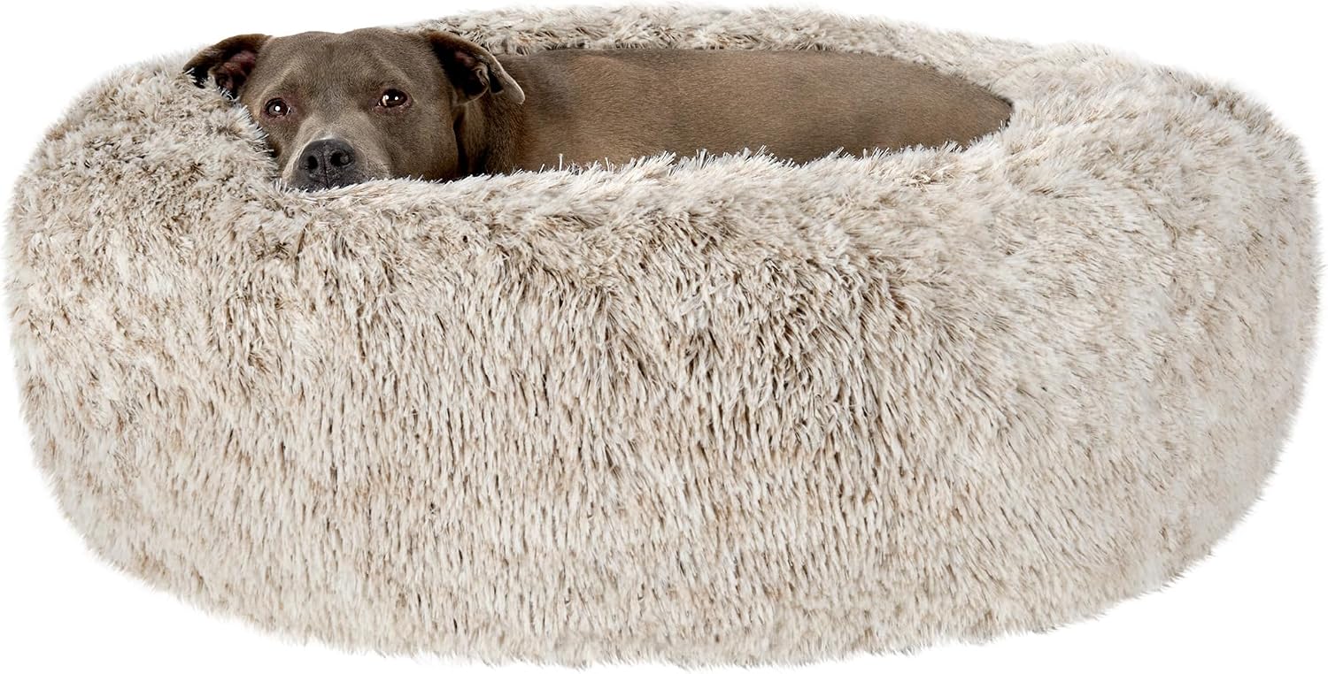 30" Round Calming Donut Dog Bed for Medium/Small Dogs, Refillable w/ Removable Washable Cover, For Dogs Up to 45 lbs - Shaggy Plush Long Faux Fur Donut Bed - Taupe, Medium