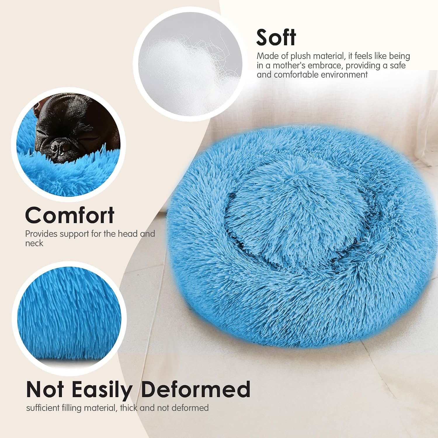 Dog & Cat Bed for Indoor Cats, 20in Calming Donut Bed for Puppy and Kitten, Washable Round Fluffy Pet Bed for Small Medium Dogs and Cats (Light Grey)