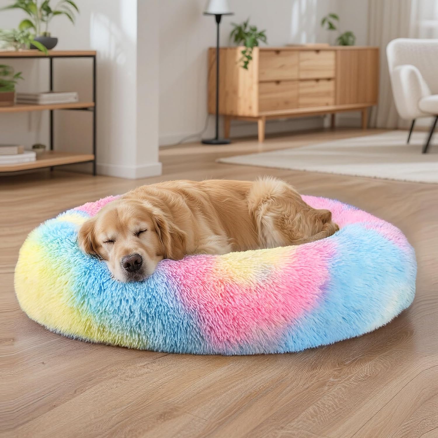 Dog & Cat Bed for Indoor Cats, 20in Calming Donut Bed for Puppy and Kitten, Washable Round Fluffy Pet Bed for Small Medium Dogs and Cats (Light Grey)