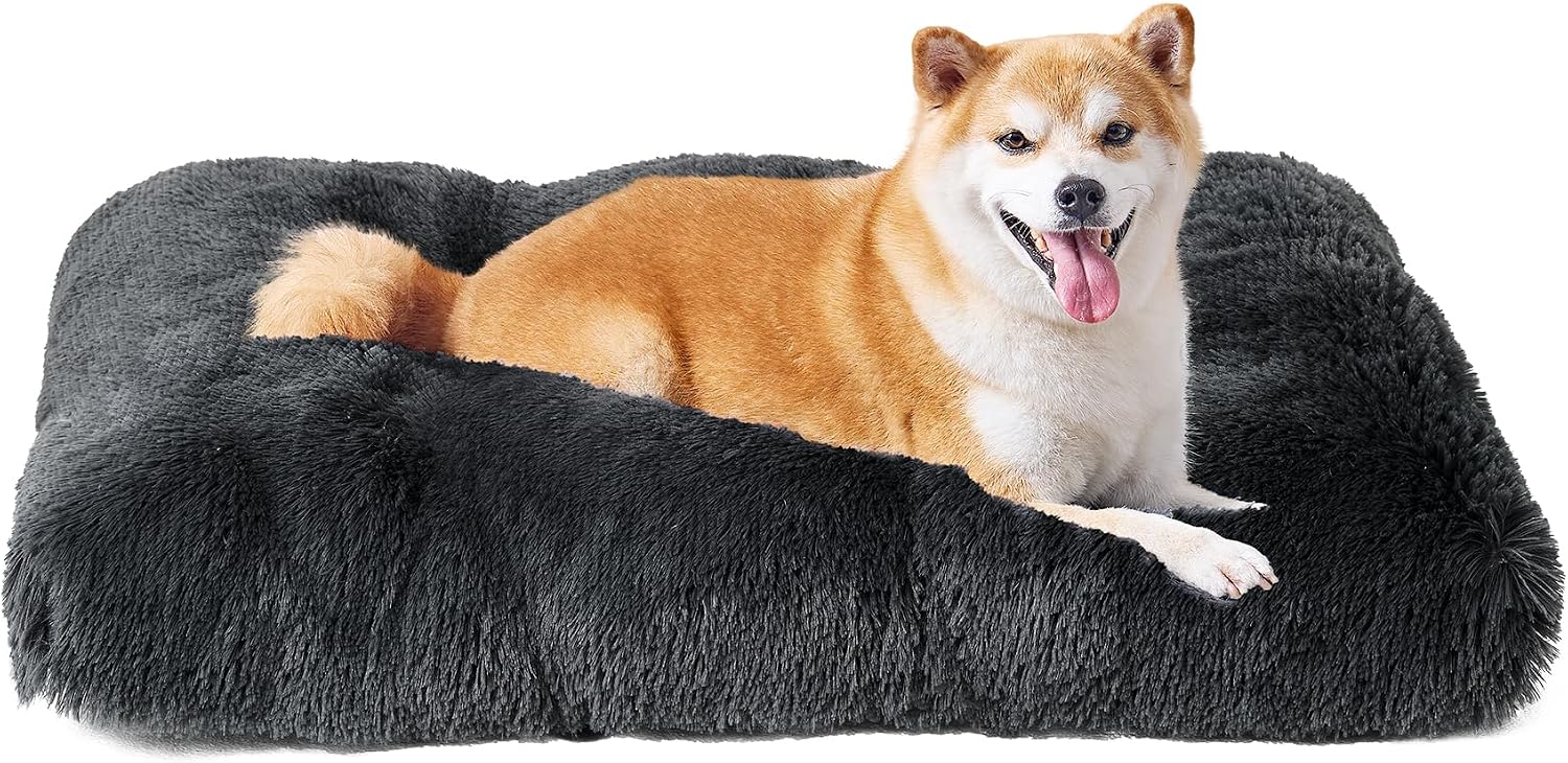 Fluffy Dog Crate Bed for Extra Large Dogs, Plush Faux Fur Pad, Calming Anti Anxiety XL Bed for Crate, Washable Soft Warm Dog Mat with Non-Slip Bottom, Grey