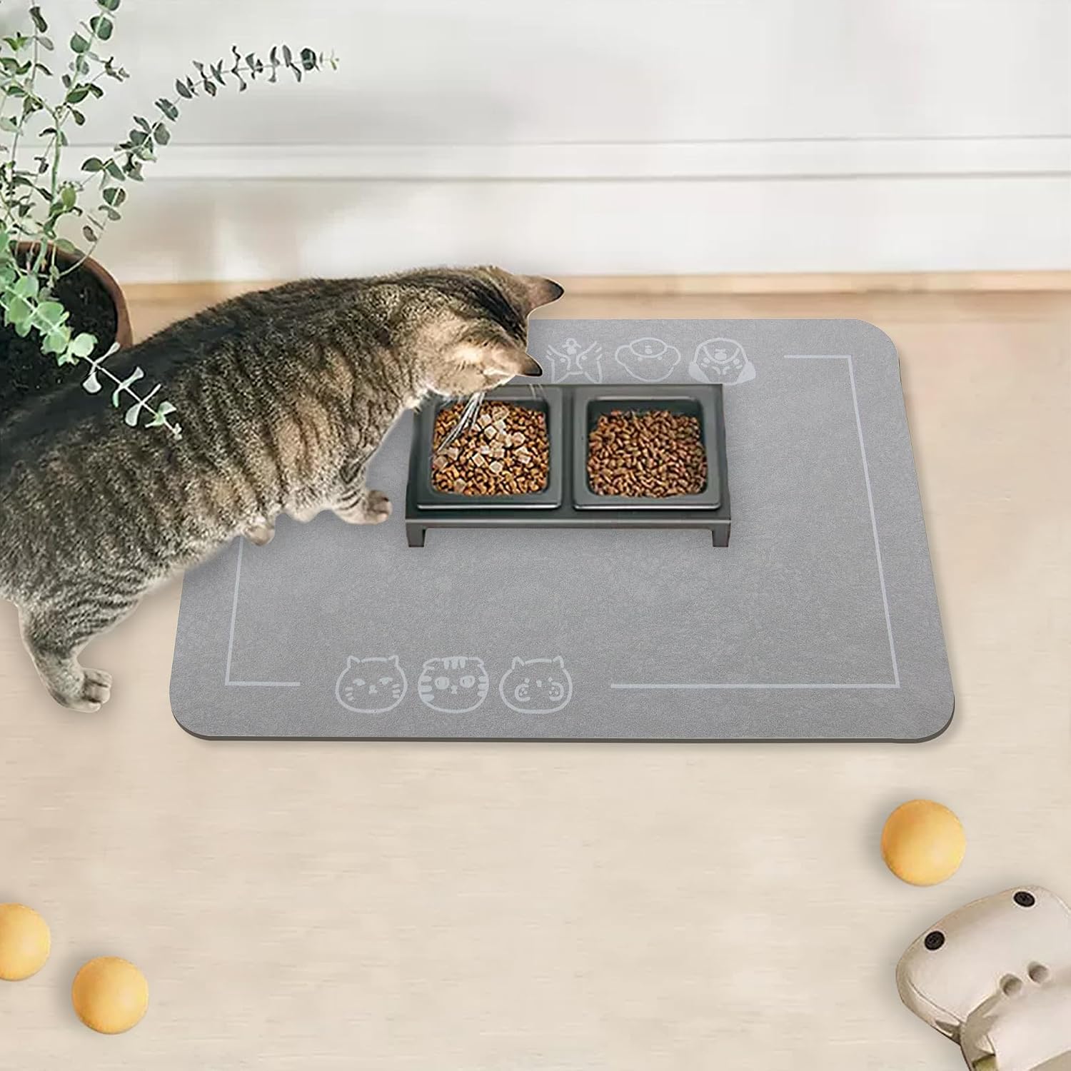 Cat Food Mat for Pet Dog Feeting Mats, Cat Mat for Food and Water, Non-Slip Super Absorbent, with Multiple cat Heads Logo .18.1 x 11.8 inches, Dark Grey