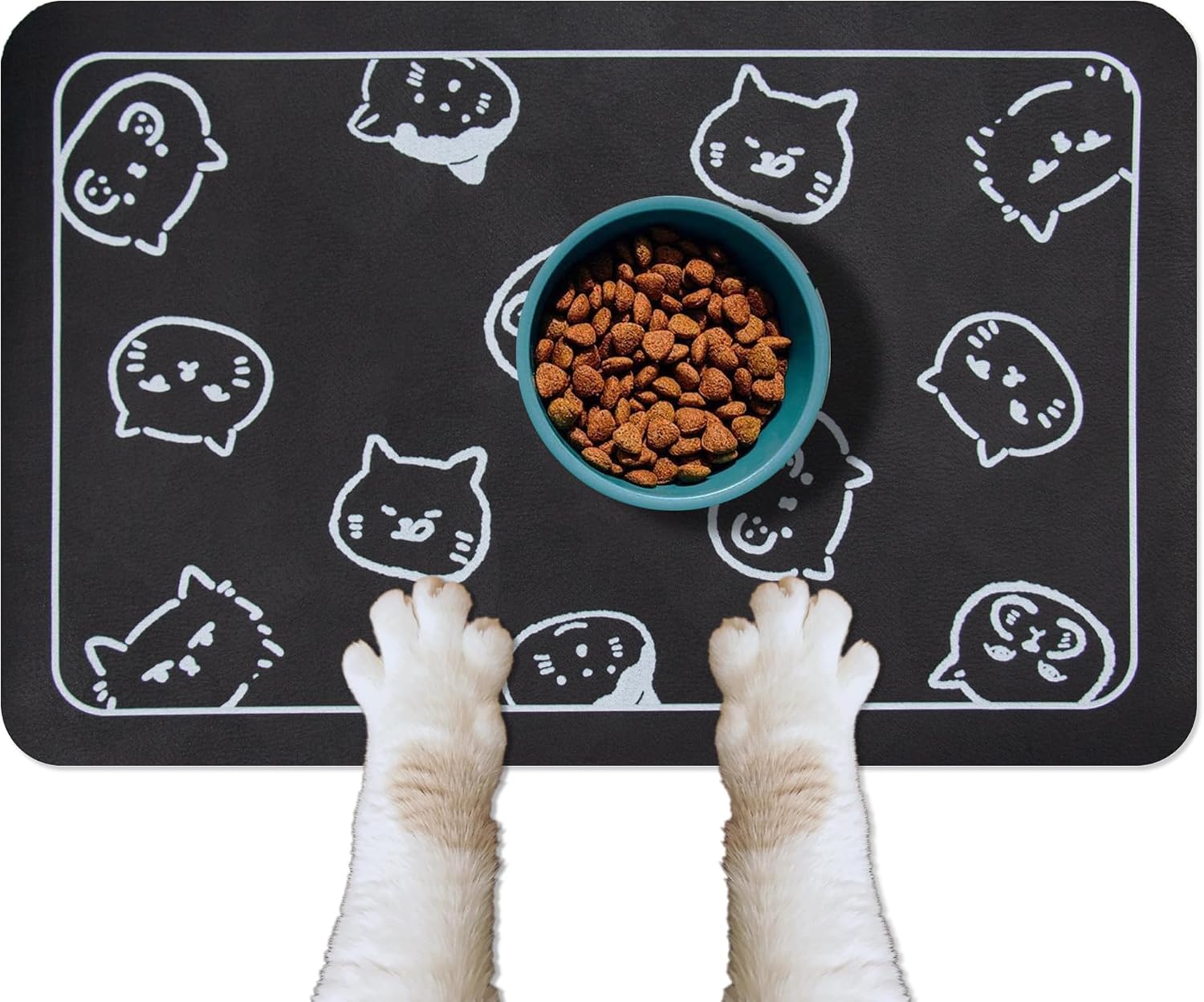 Cat Food Mat for Pet Dog Feeting Mats, Cat Mat for Food and Water, Non-Slip Super Absorbent, with Multiple cat Heads Logo .18.1 x 11.8 inches, Dark Grey