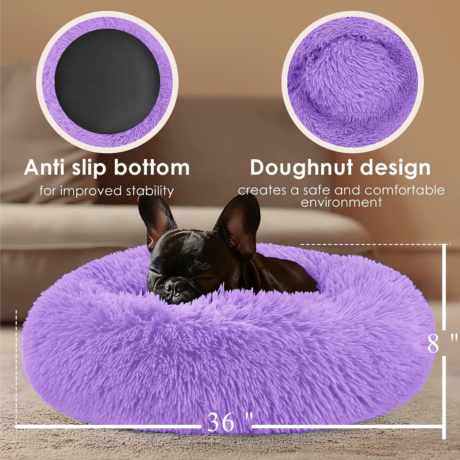 Dog & Cat Bed for Indoor Cats, 20in Calming Donut Bed for Puppy and Kitten, Washable Round Fluffy Pet Bed for Small Medium Dogs and Cats (Light Grey)
