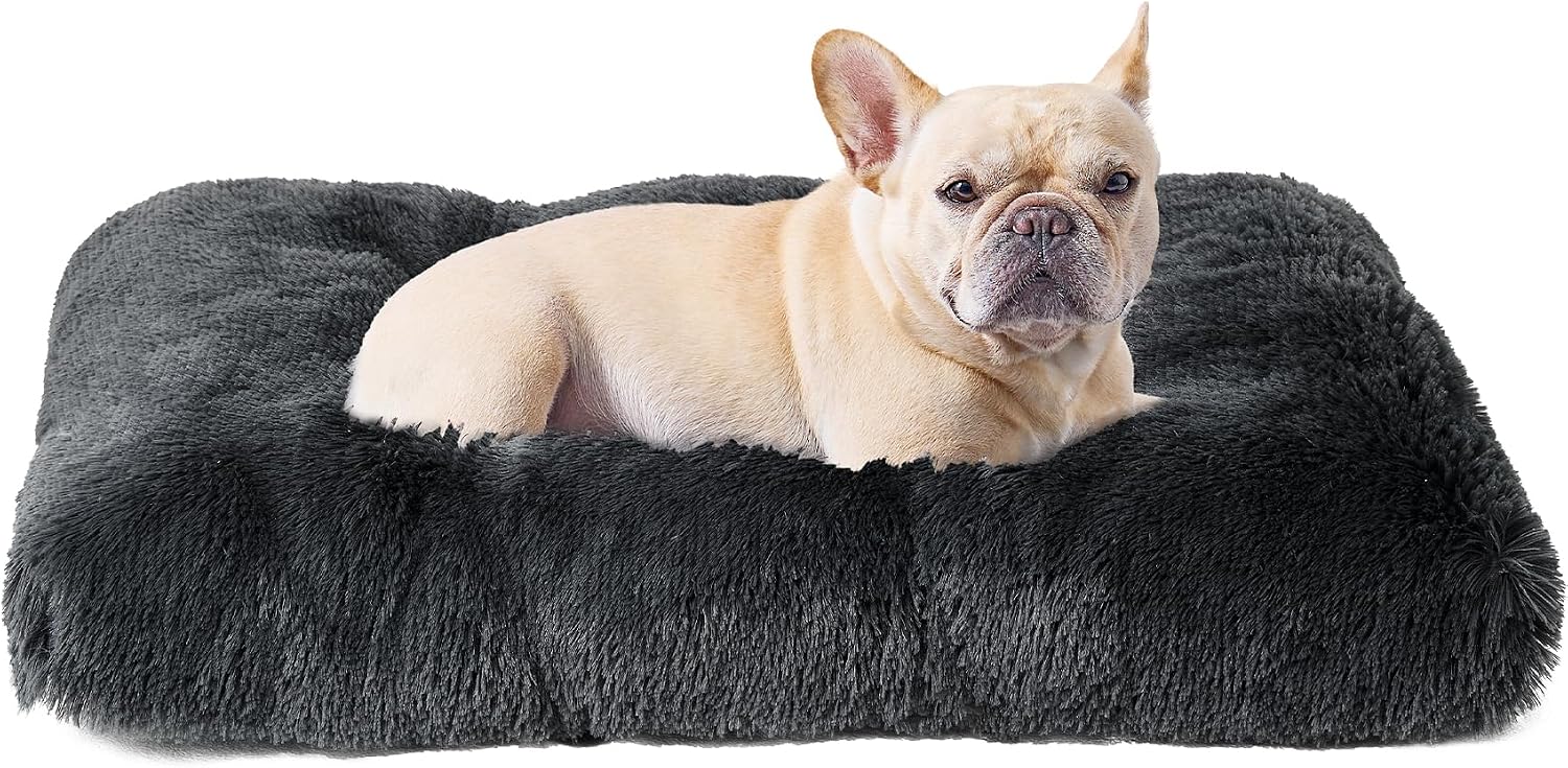 Fluffy Dog Crate Bed for Extra Large Dogs, Plush Faux Fur Pad, Calming Anti Anxiety XL Bed for Crate, Washable Soft Warm Dog Mat with Non-Slip Bottom, Grey