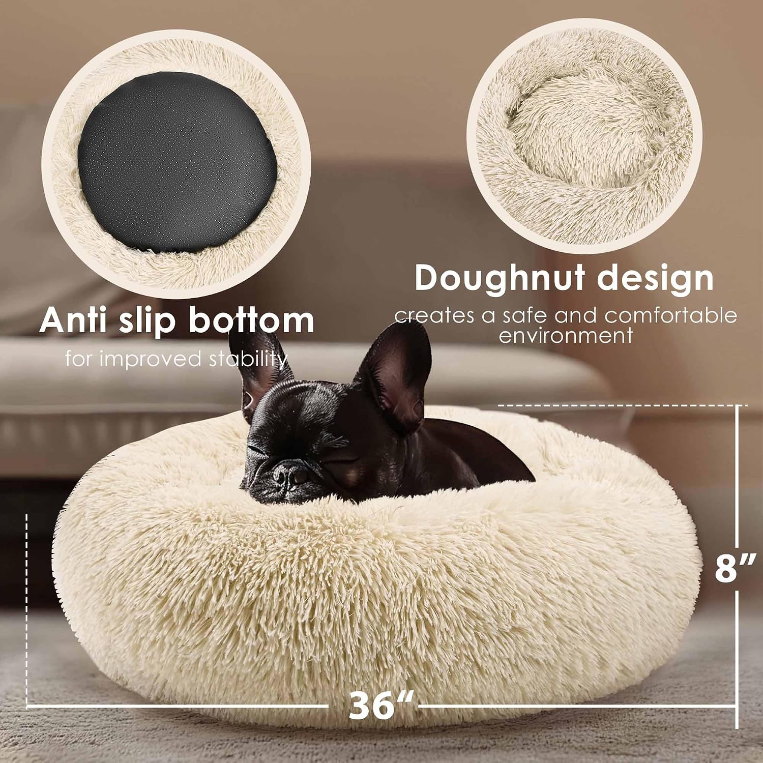 Dog & Cat Bed for Indoor Cats, 20in Calming Donut Bed for Puppy and Kitten, Washable Round Fluffy Pet Bed for Small Medium Dogs and Cats (Light Grey)