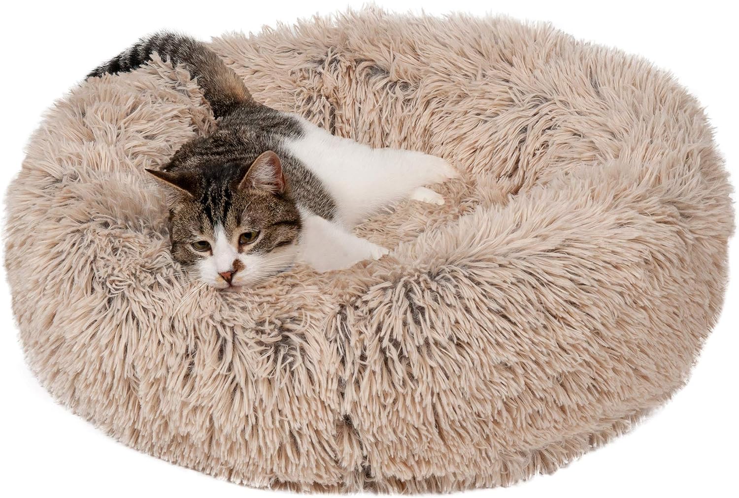 30" Round Calming Donut Dog Bed for Medium/Small Dogs, Refillable w/ Removable Washable Cover, For Dogs Up to 45 lbs - Shaggy Plush Long Faux Fur Donut Bed - Taupe, Medium