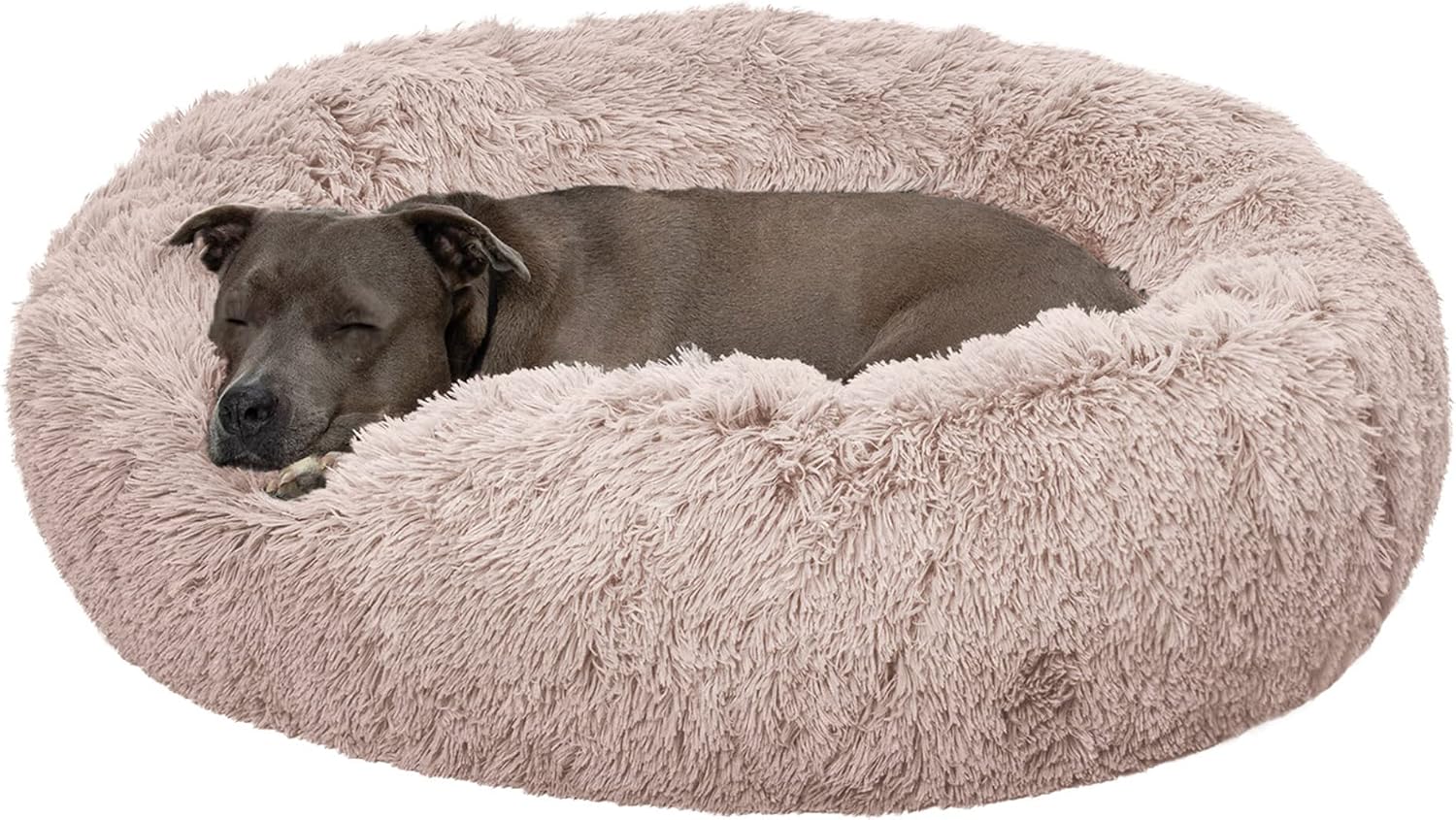 30" Round Calming Donut Dog Bed for Medium/Small Dogs, Refillable w/ Removable Washable Cover, For Dogs Up to 45 lbs - Shaggy Plush Long Faux Fur Donut Bed - Taupe, Medium