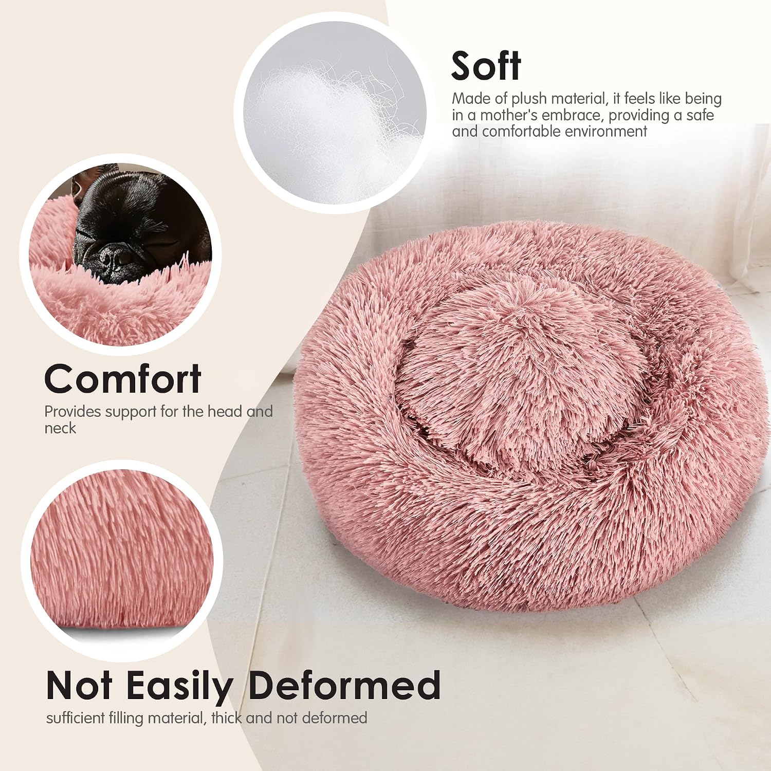 Dog & Cat Bed for Indoor Cats, 20in Calming Donut Bed for Puppy and Kitten, Washable Round Fluffy Pet Bed for Small Medium Dogs and Cats (Light Grey)