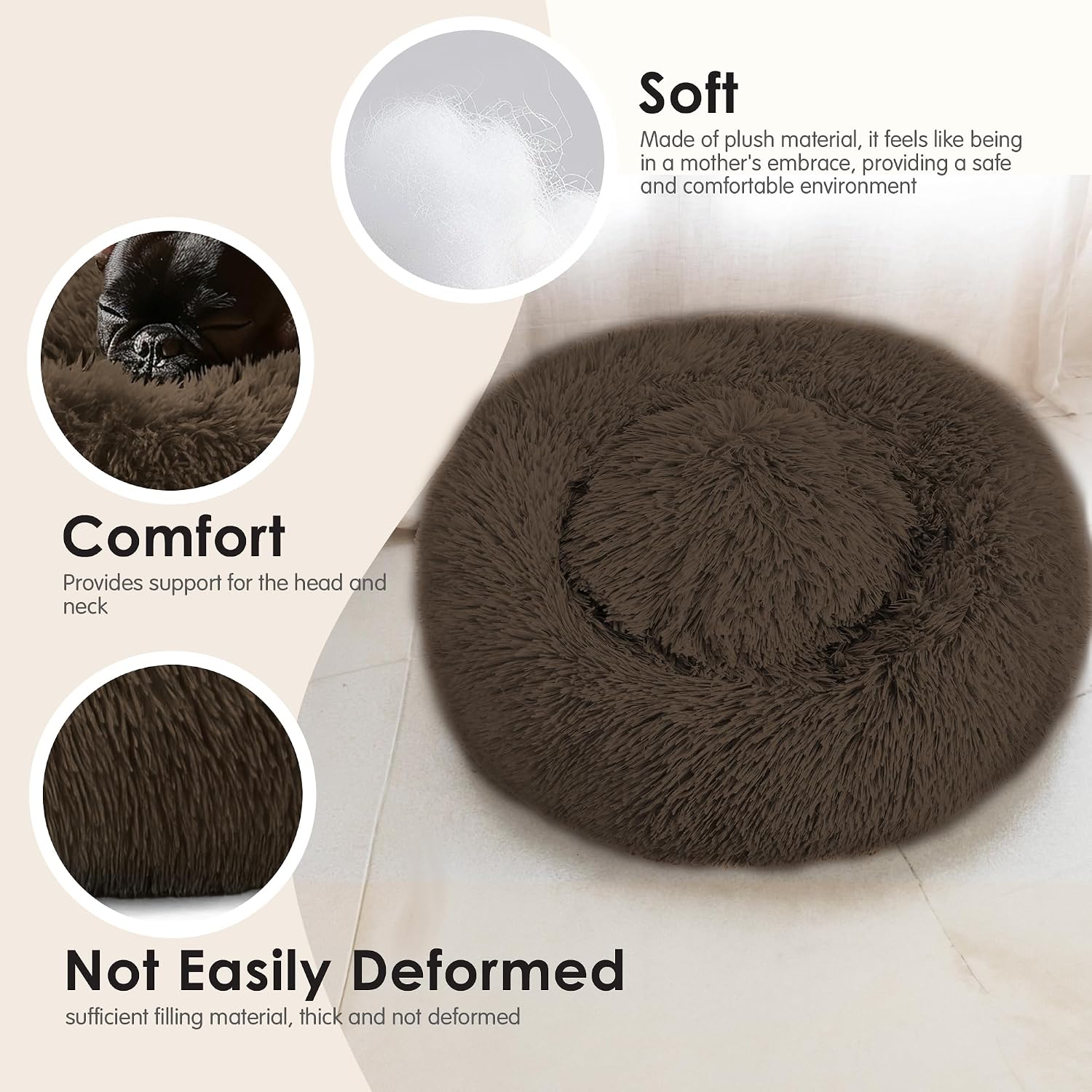 Dog & Cat Bed for Indoor Cats, 20in Calming Donut Bed for Puppy and Kitten, Washable Round Fluffy Pet Bed for Small Medium Dogs and Cats (Light Grey)