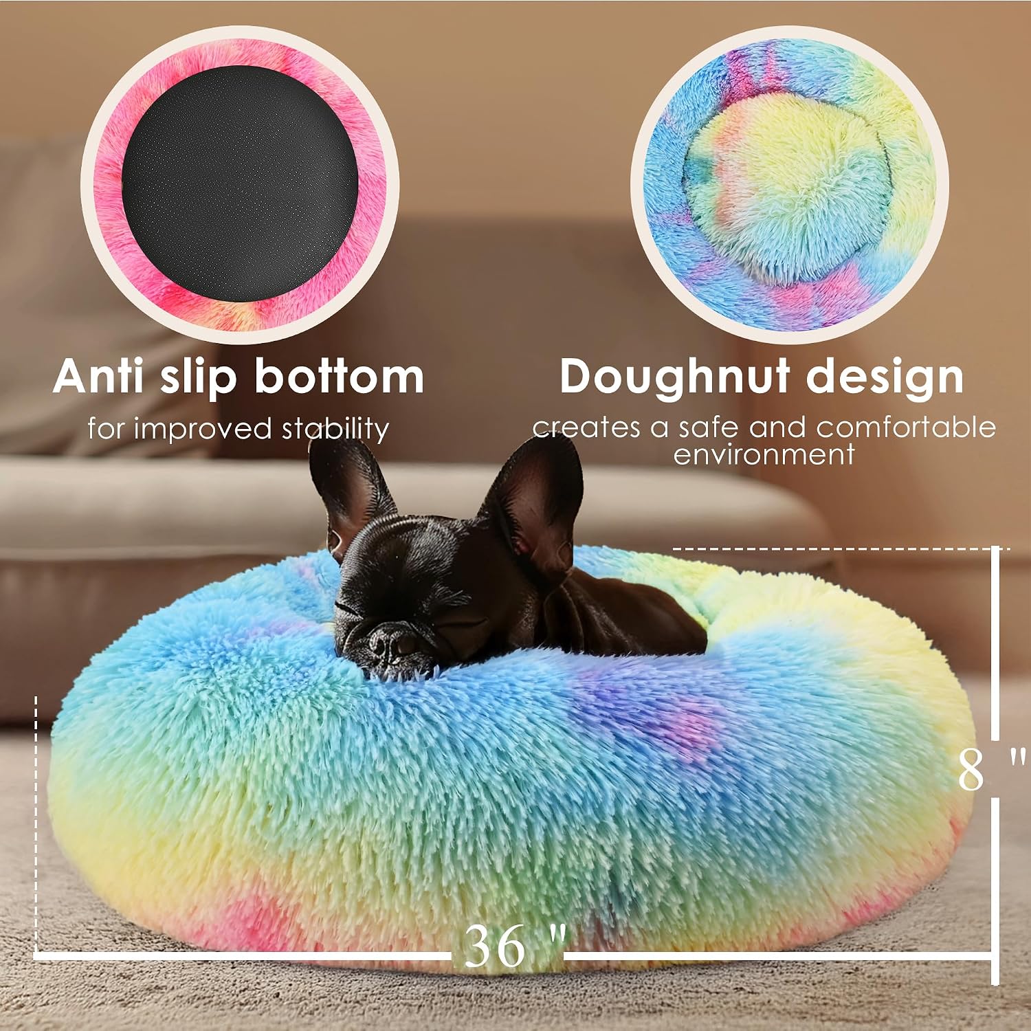 Dog & Cat Bed for Indoor Cats, 20in Calming Donut Bed for Puppy and Kitten, Washable Round Fluffy Pet Bed for Small Medium Dogs and Cats (Light Grey)