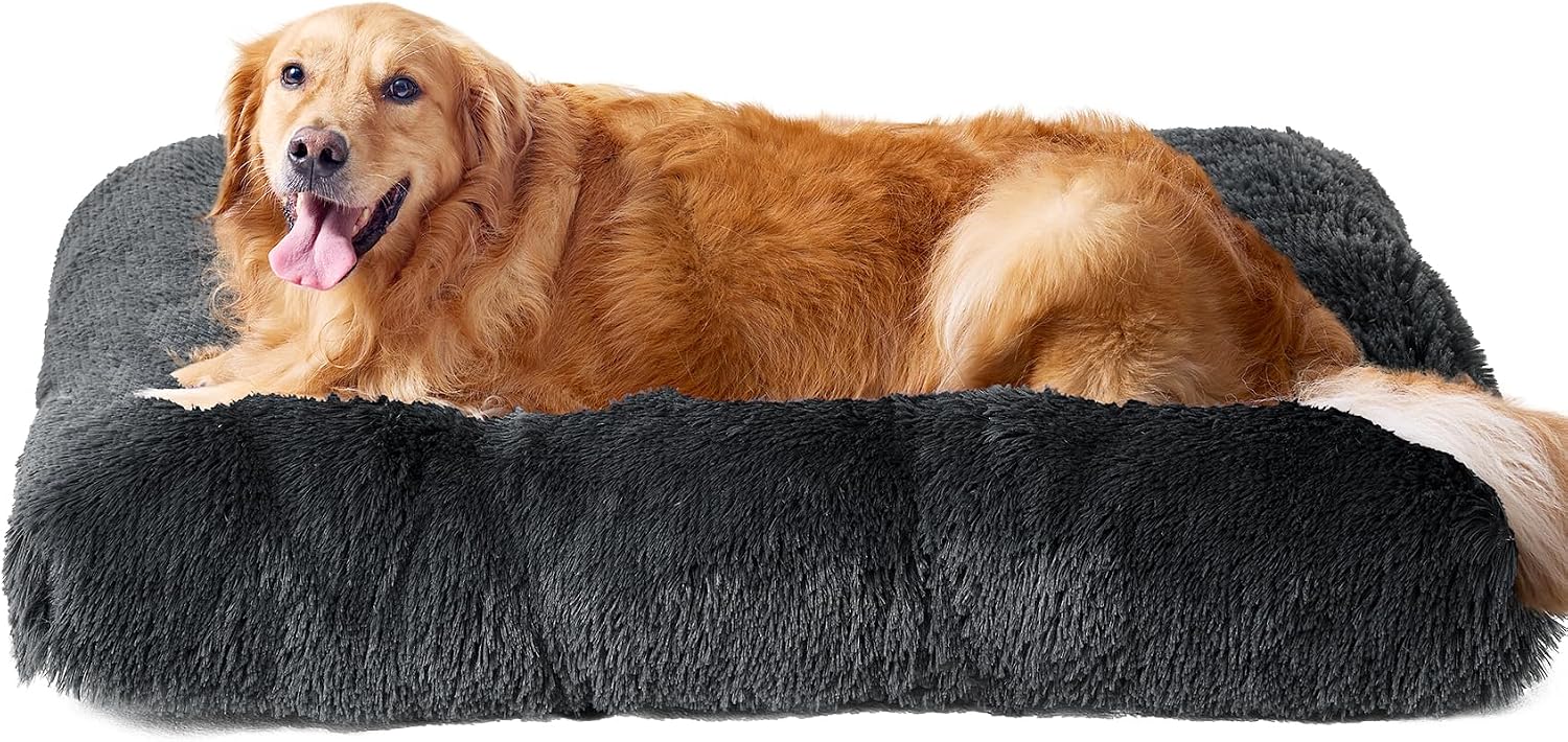 Fluffy Dog Crate Bed for Extra Large Dogs, Plush Faux Fur Pad, Calming Anti Anxiety XL Bed for Crate, Washable Soft Warm Dog Mat with Non-Slip Bottom, Grey