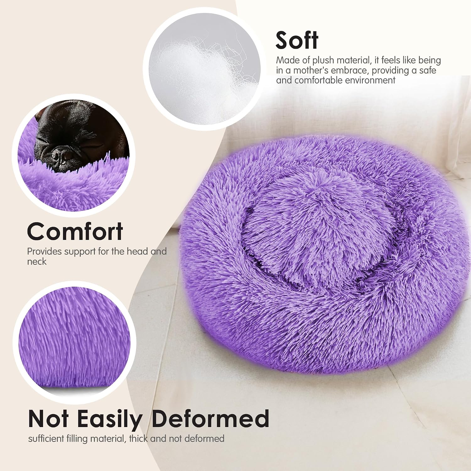 Dog & Cat Bed for Indoor Cats, 20in Calming Donut Bed for Puppy and Kitten, Washable Round Fluffy Pet Bed for Small Medium Dogs and Cats (Light Grey)