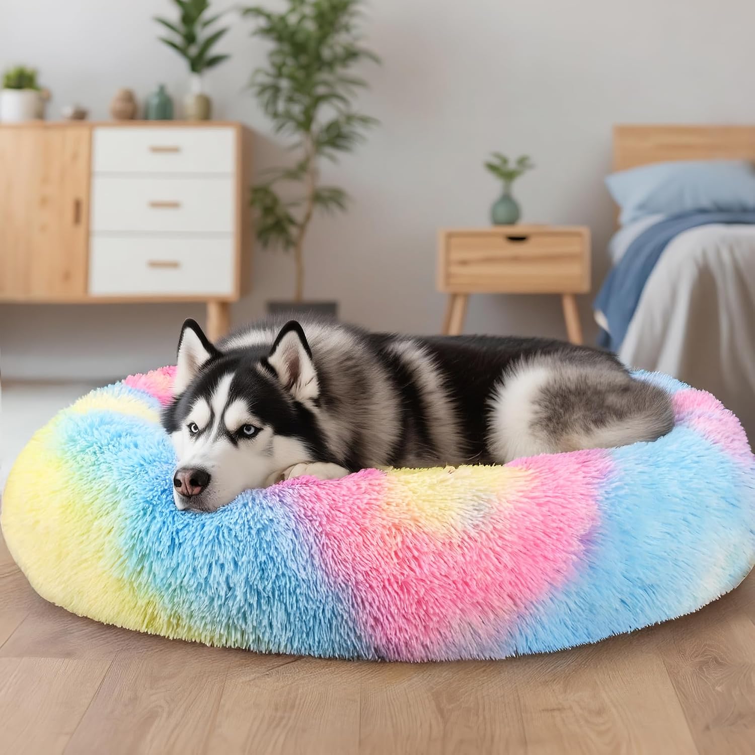 Dog & Cat Bed for Indoor Cats, 20in Calming Donut Bed for Puppy and Kitten, Washable Round Fluffy Pet Bed for Small Medium Dogs and Cats (Light Grey)