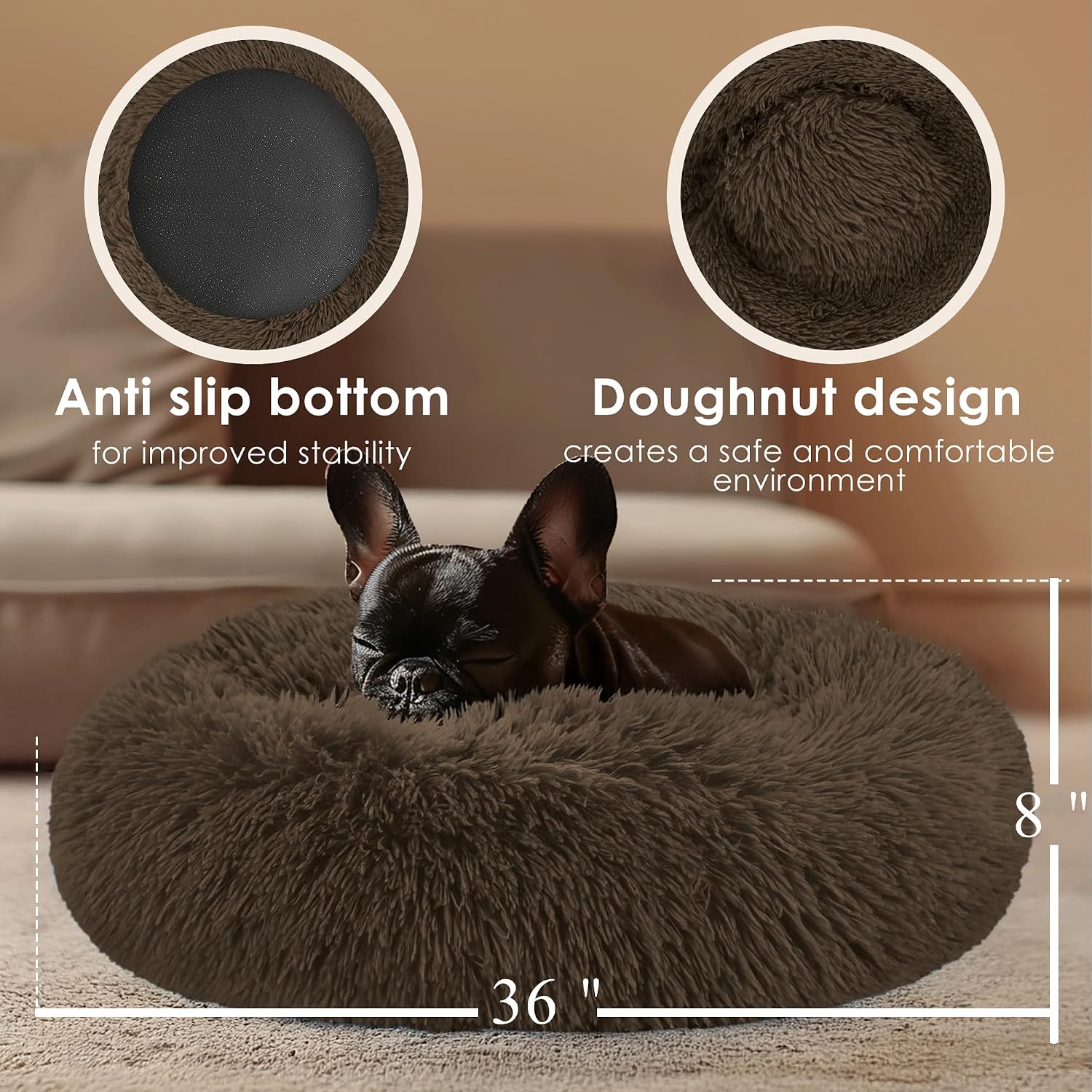 Dog & Cat Bed for Indoor Cats, 20in Calming Donut Bed for Puppy and Kitten, Washable Round Fluffy Pet Bed for Small Medium Dogs and Cats (Light Grey)